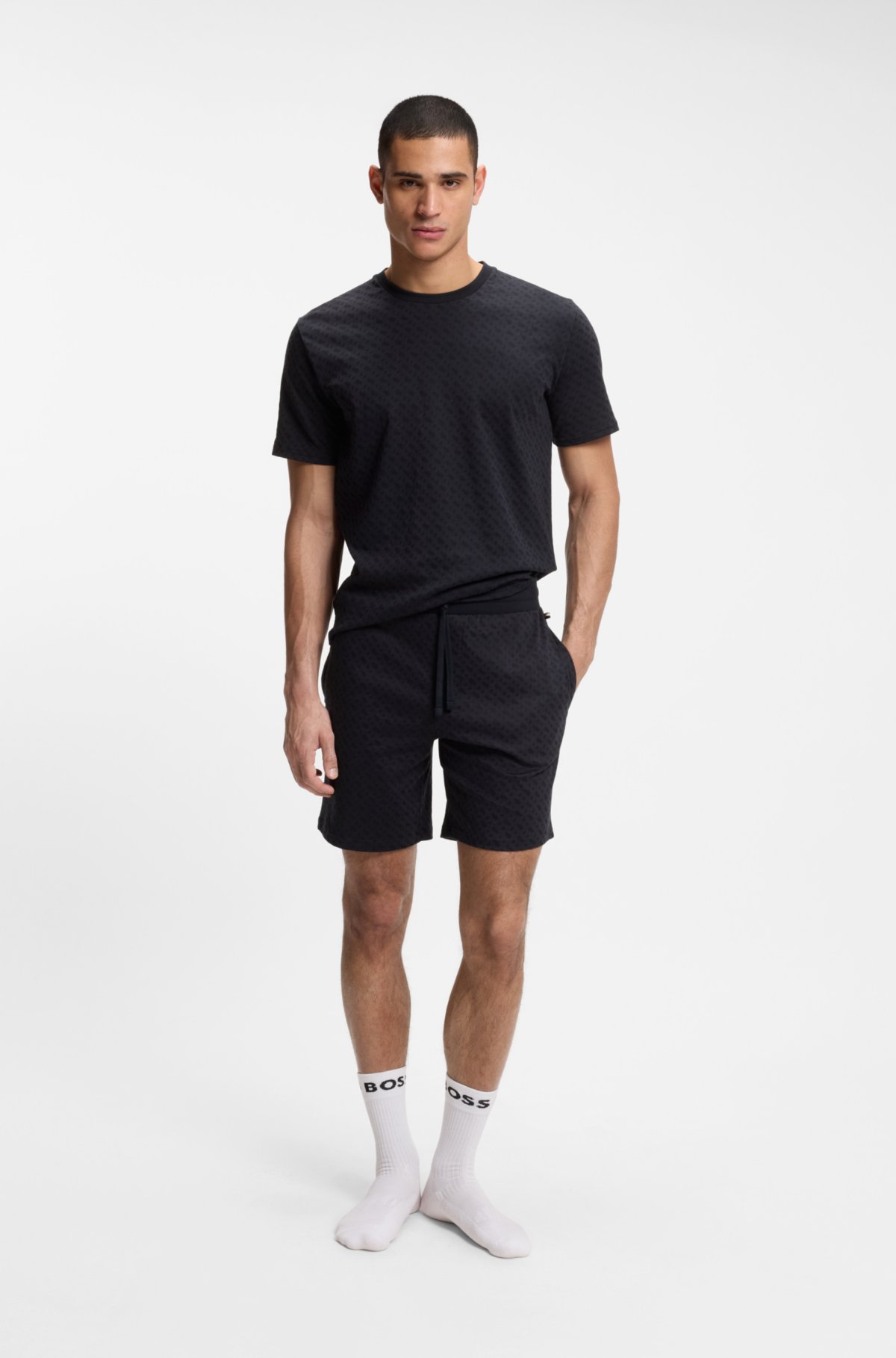 Drawstring pajama shorts in cotton with printed branding