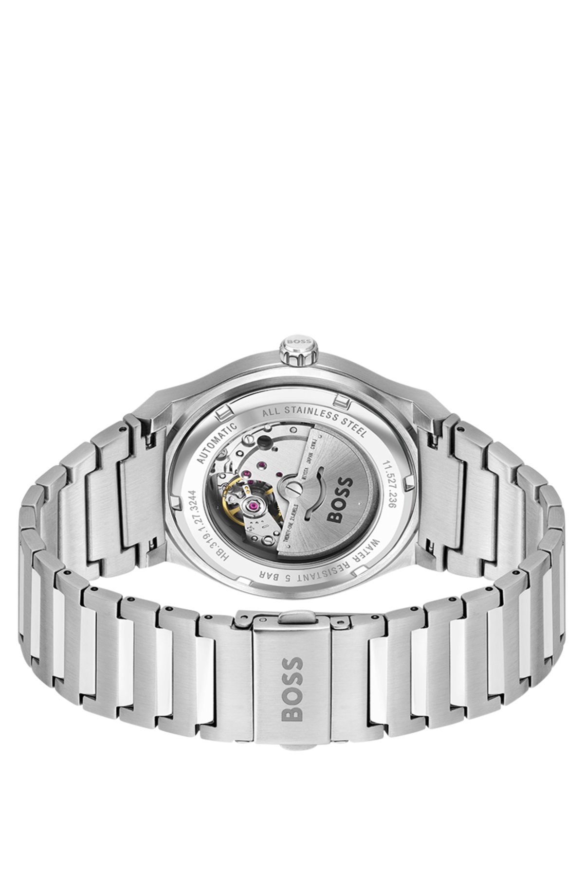 Link-bracelet automatic watch with groove-textured dial