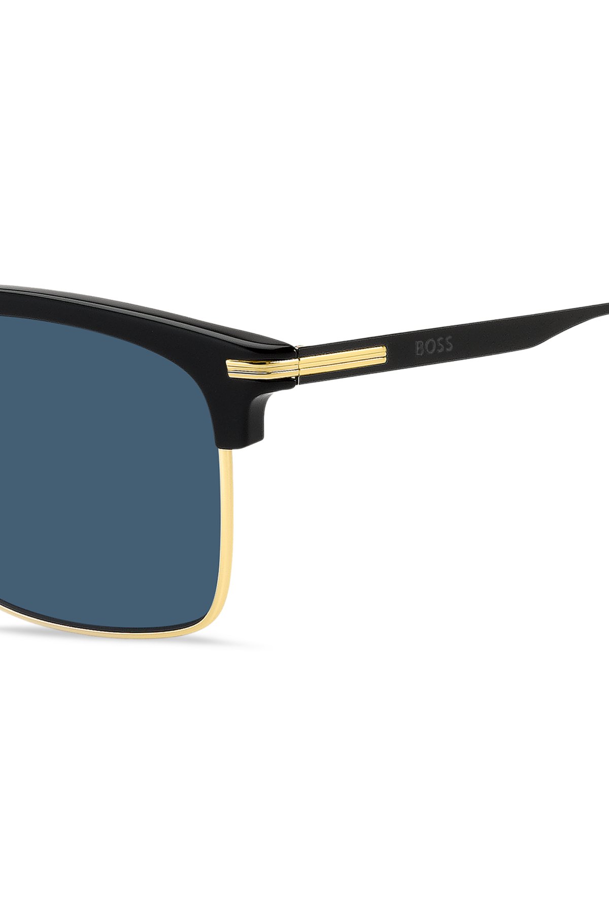 Blue-lens sunglasses with black and gold-tone frames