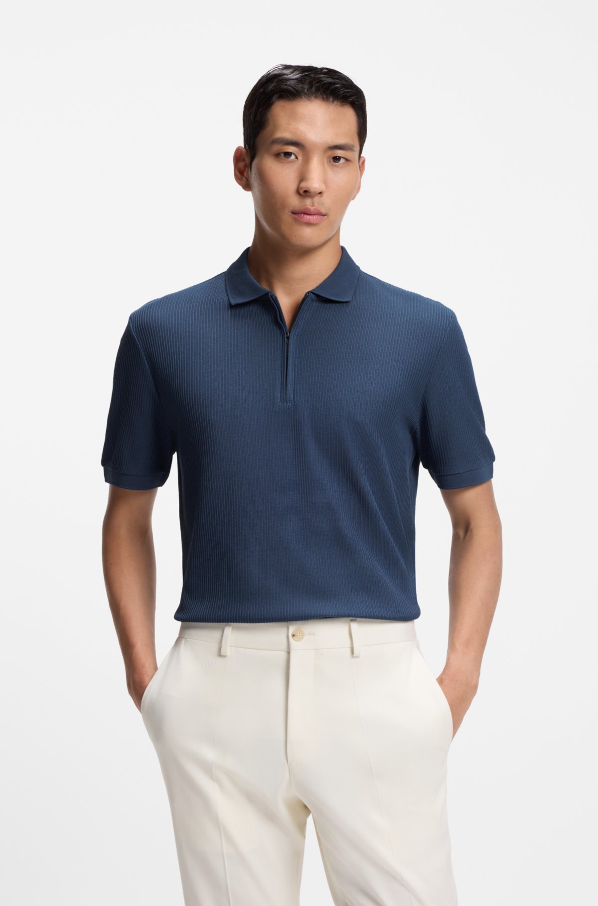 Zip-placket polo shirt in structured cotton