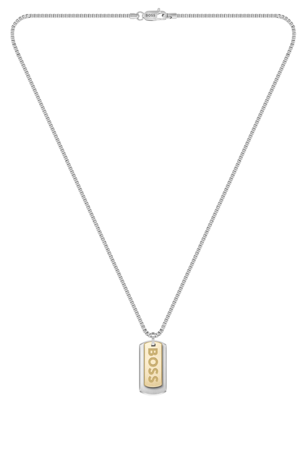 Box-chain necklace with branded double-tag pendant