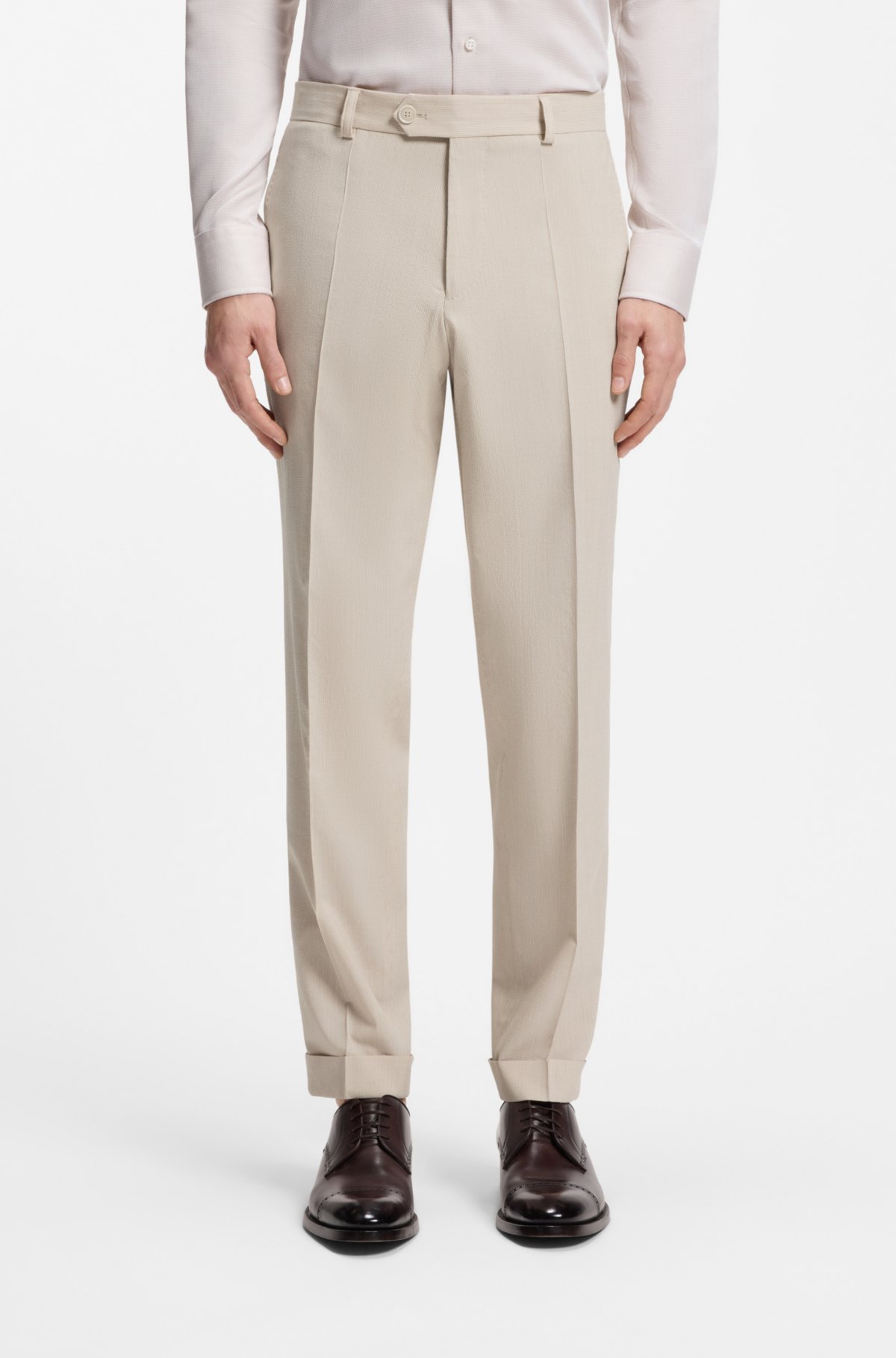 Tapered-fit trousers in wool-blend seersucker
