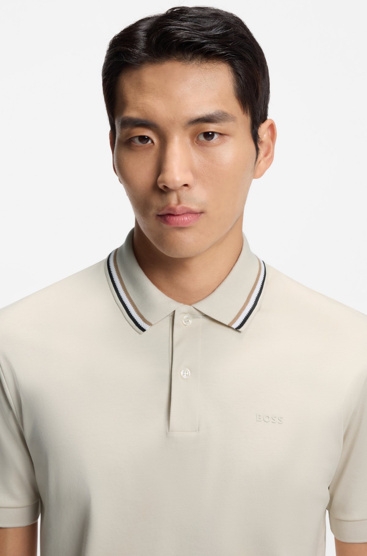 Striped-collar slim-fit polo shirt in cotton with logo