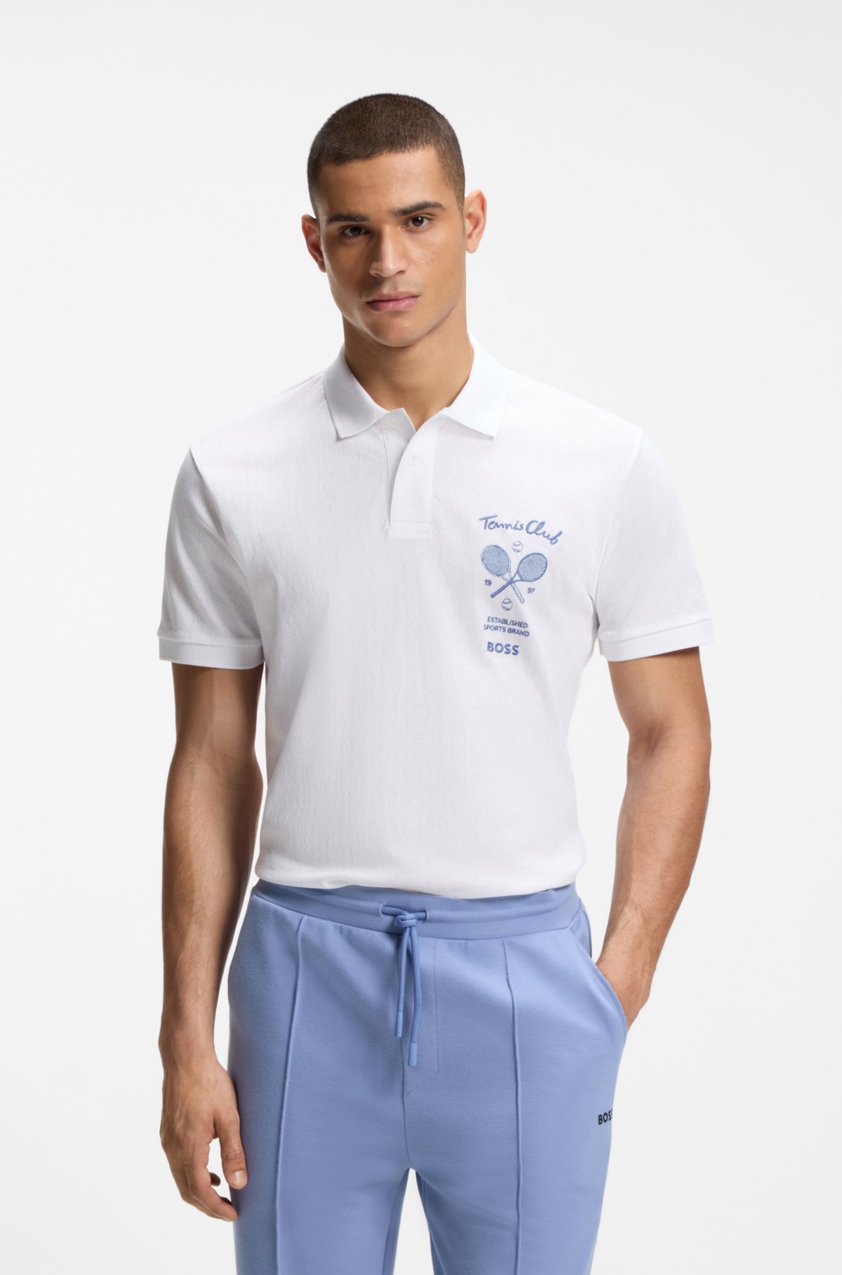 Embroidered-artwork polo shirt in cotton mesh