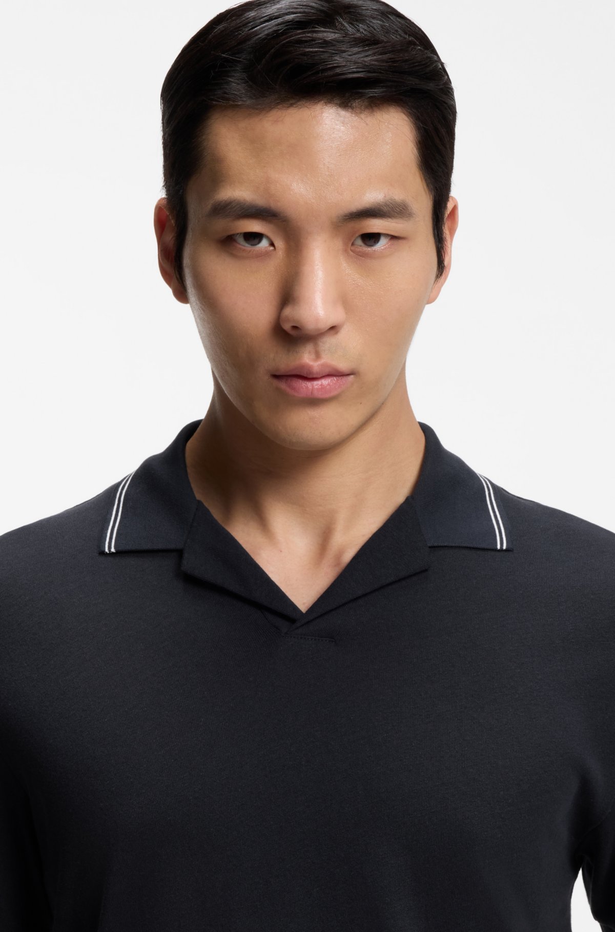 Johnny-collar polo shirt in cotton and linen