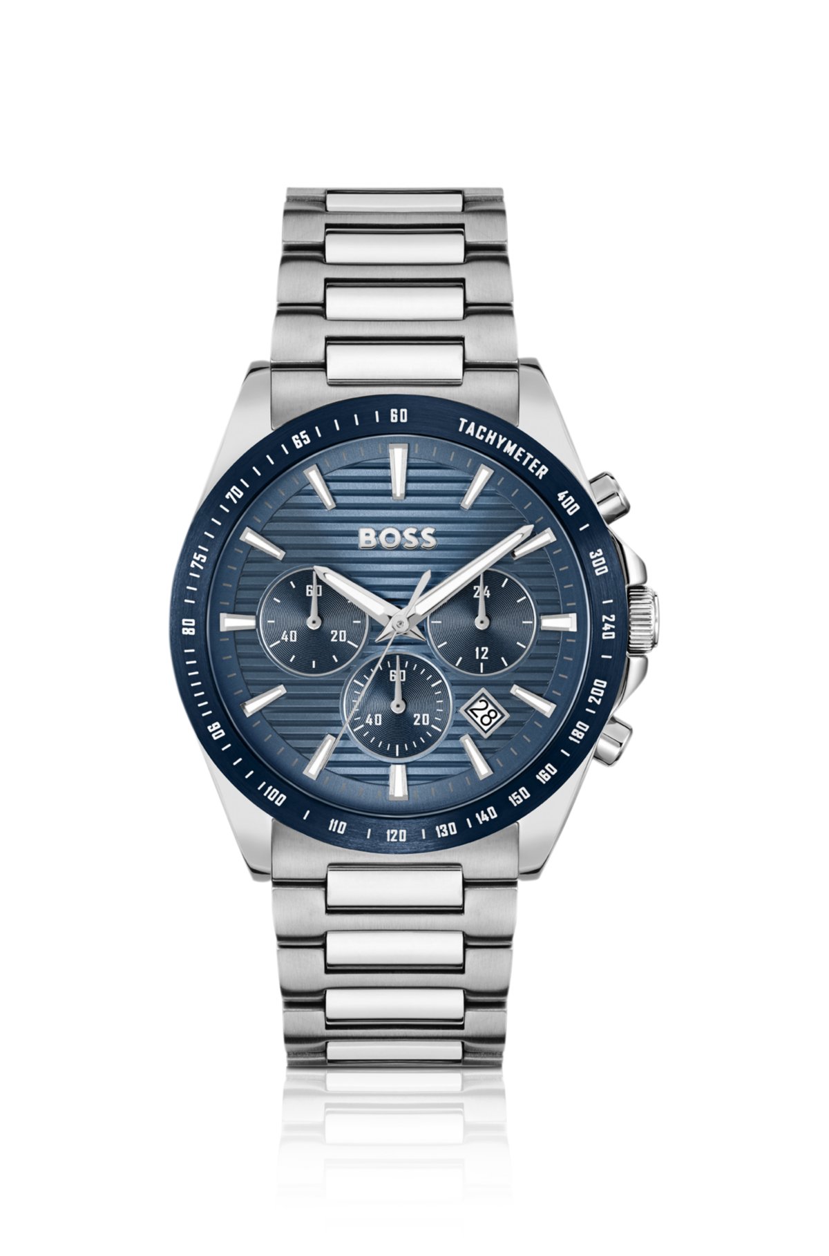Link-bracelet chronograph watch with blue textured dial