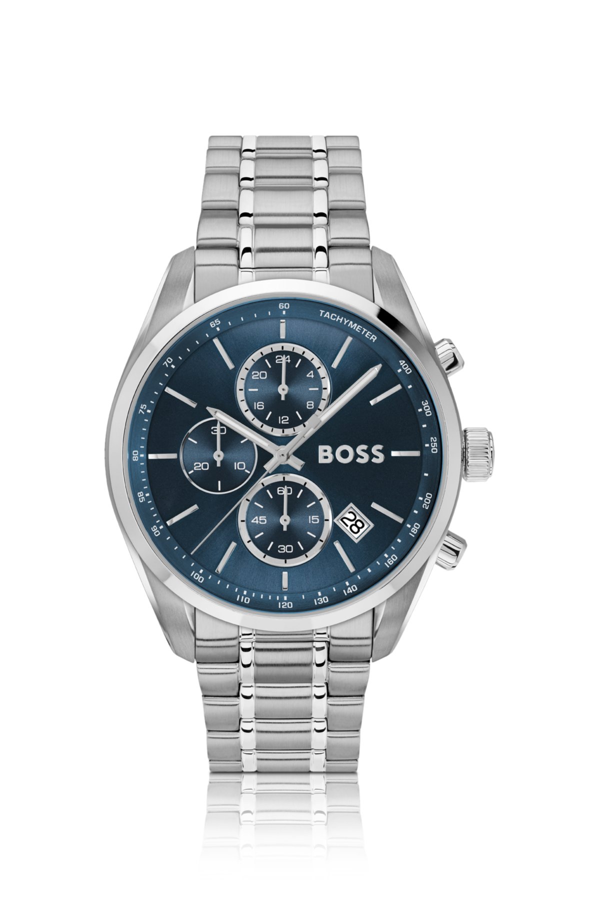 Blue-dial chronograph watch in silver-tone steel