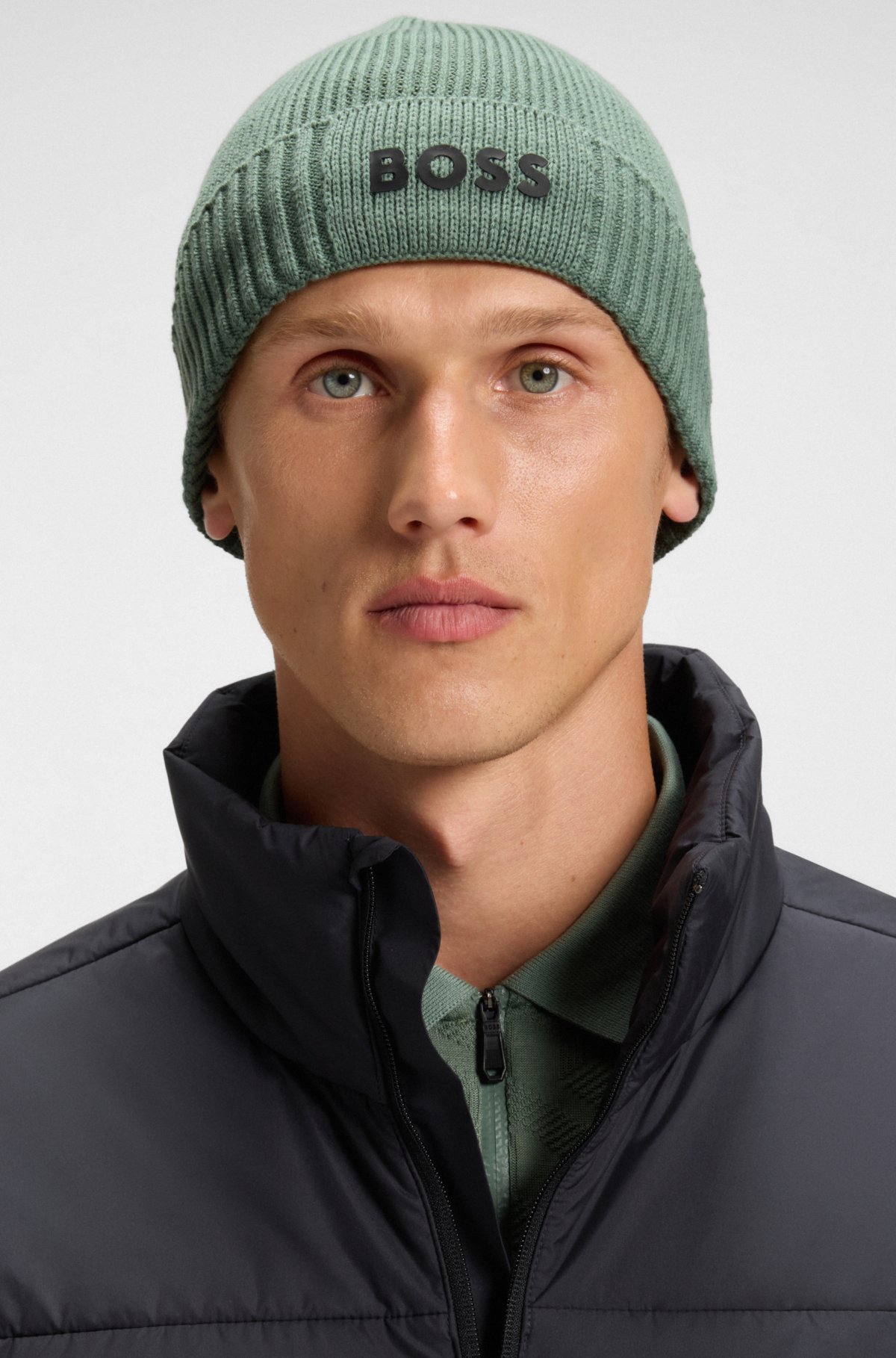 Logo-detail beanie hat in cotton and virgin wool