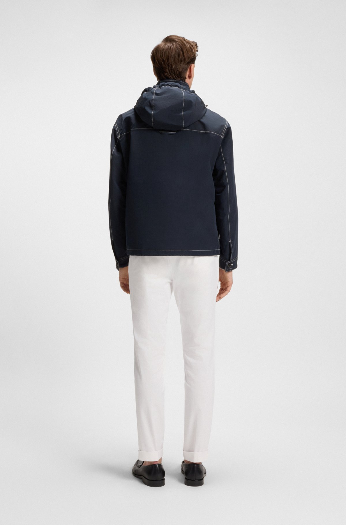 Removable-hood jacket with water-repellent finish