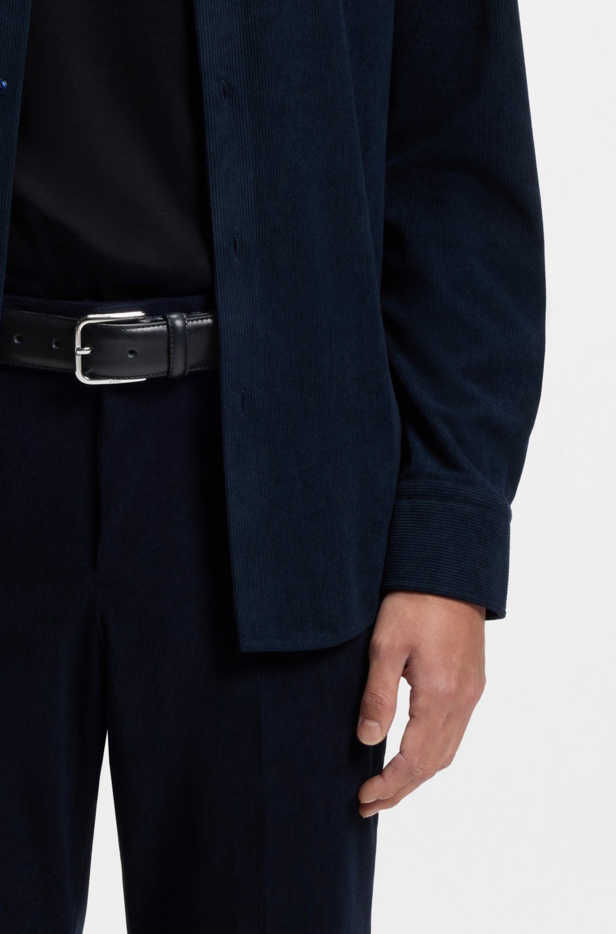 Leather business belt with polished silver buckle