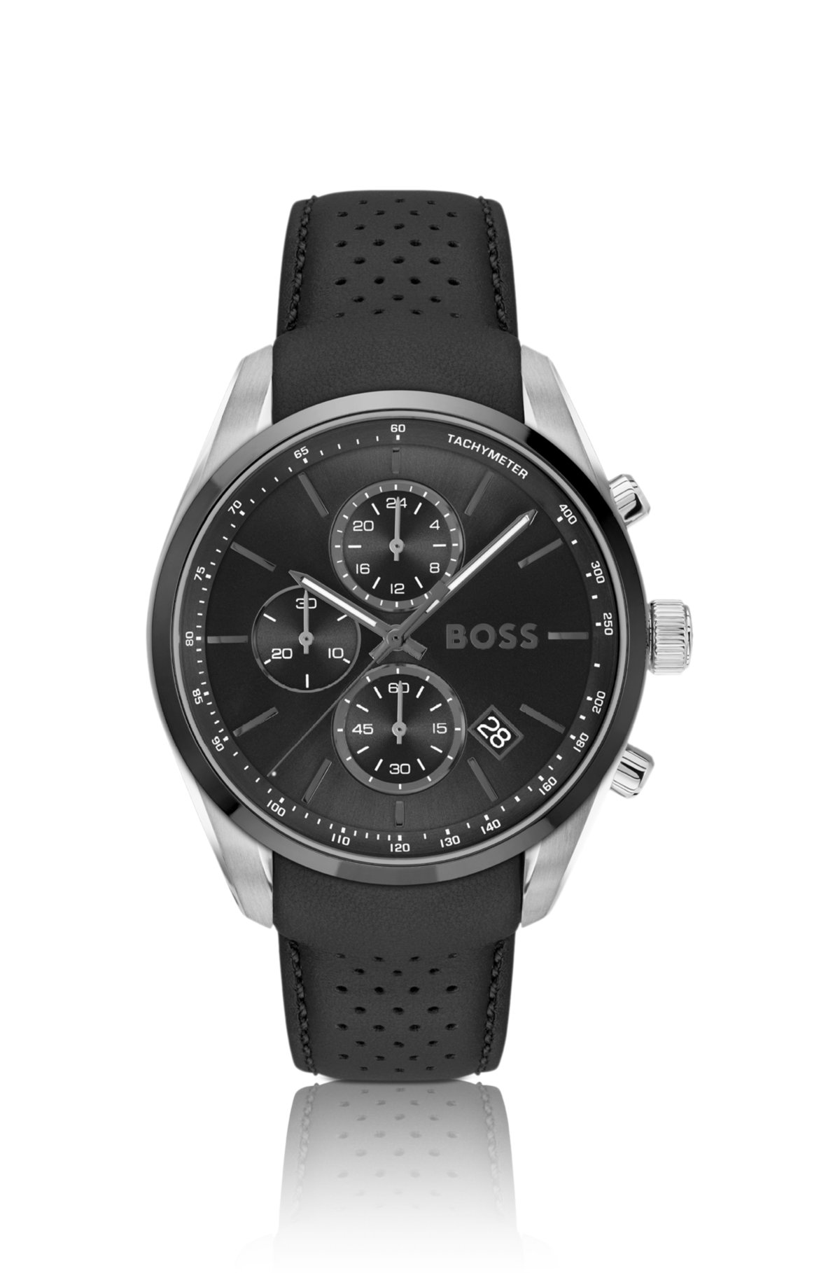 Leather-strap chronograph watch with black dial