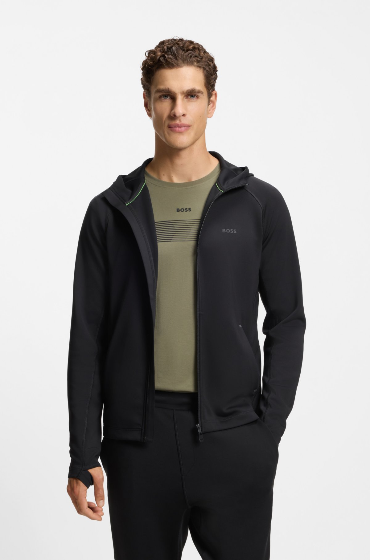 Reflective-branding hoodie with zip front
