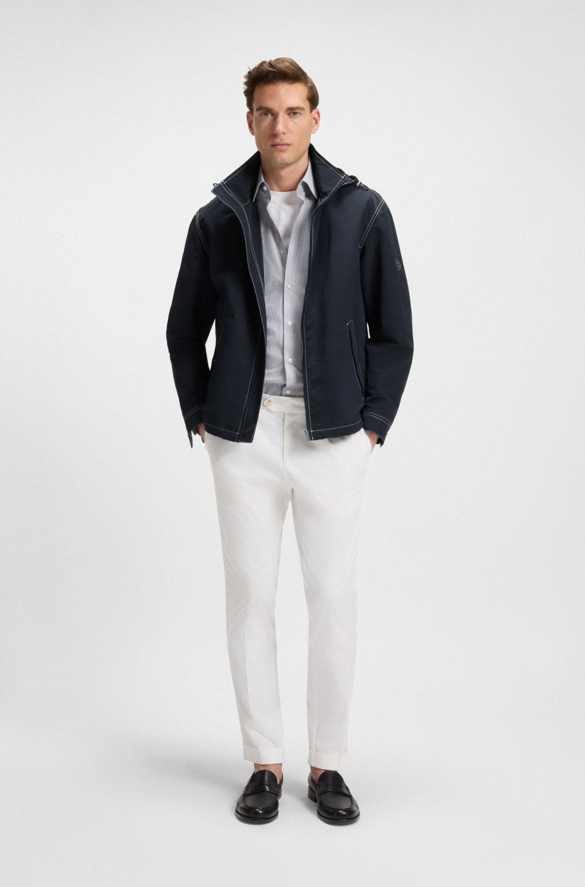 Removable-hood jacket with water-repellent finish