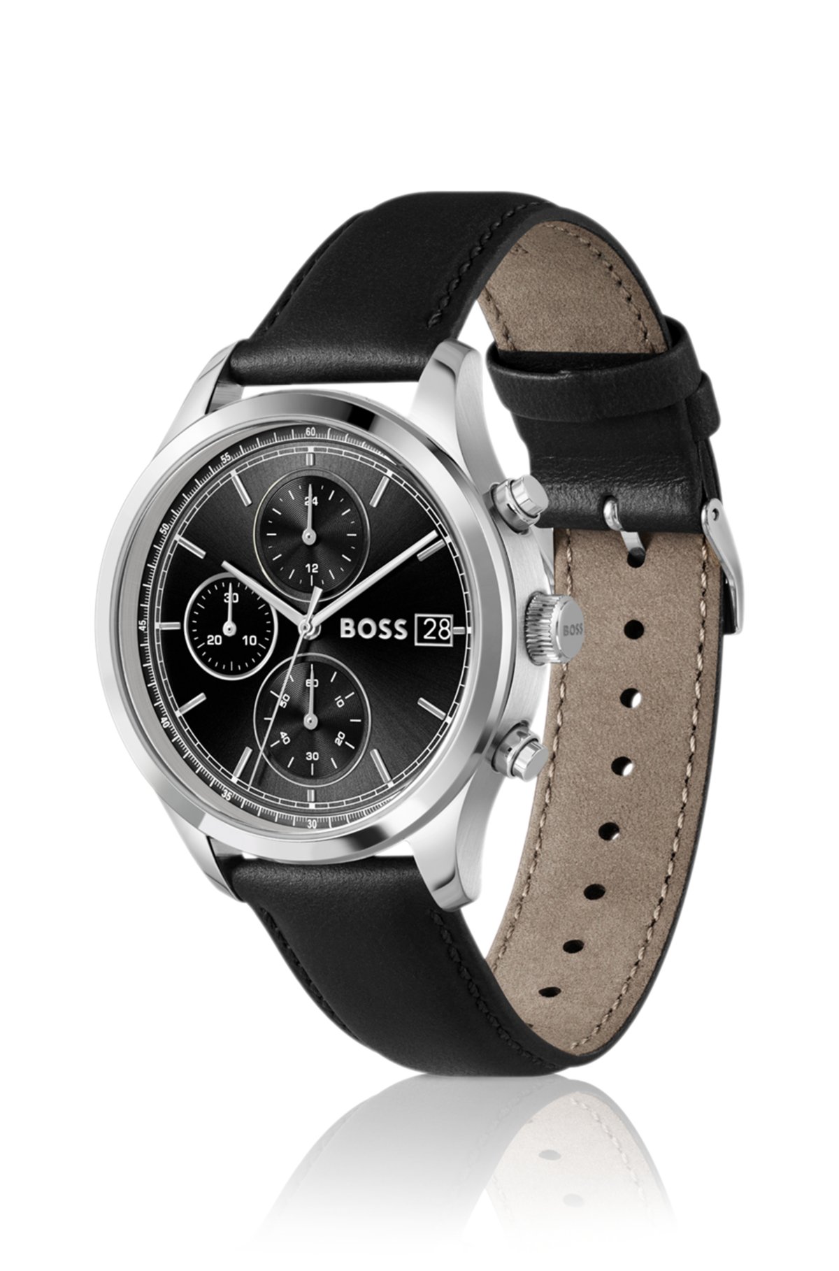 Stratus chronograph watch with black leather strap