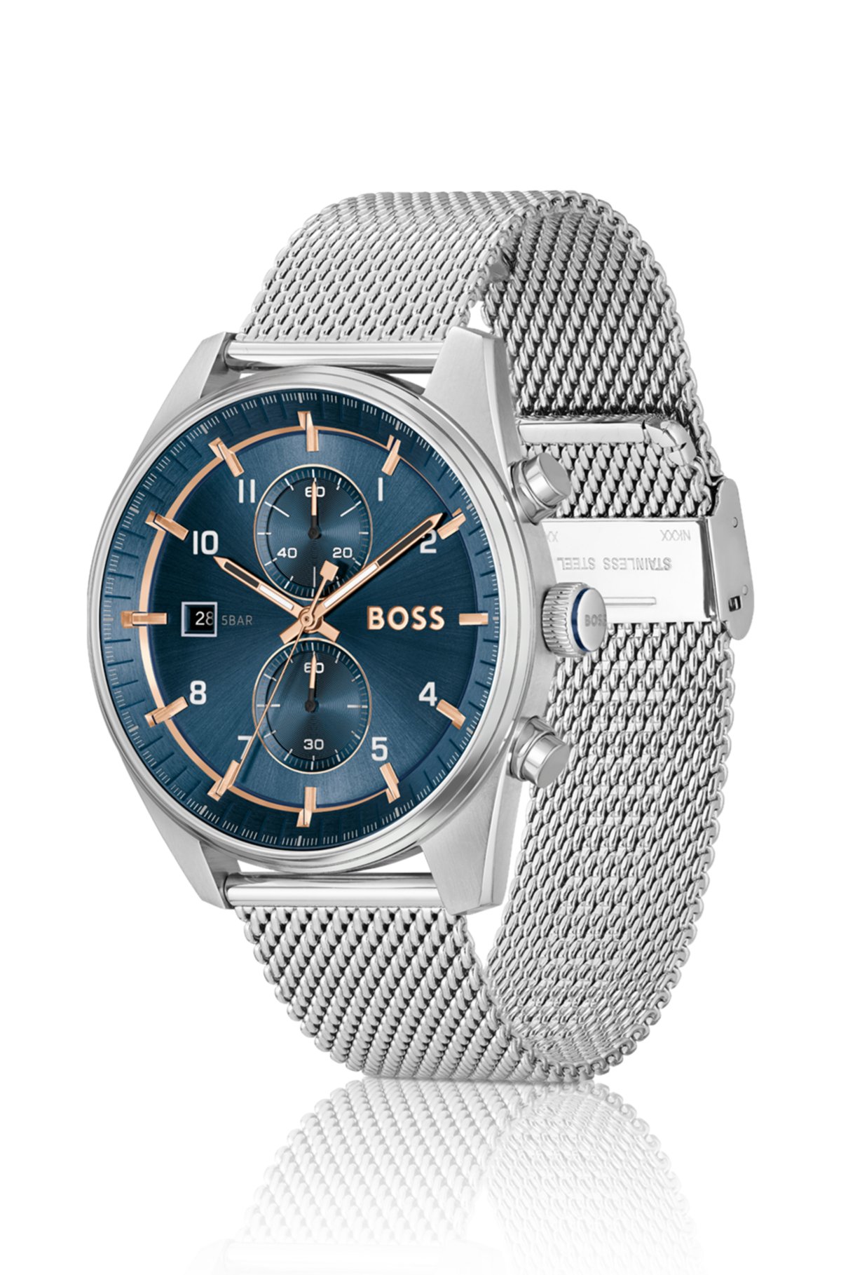 Blue-dial chronograph watch with mesh bracelet