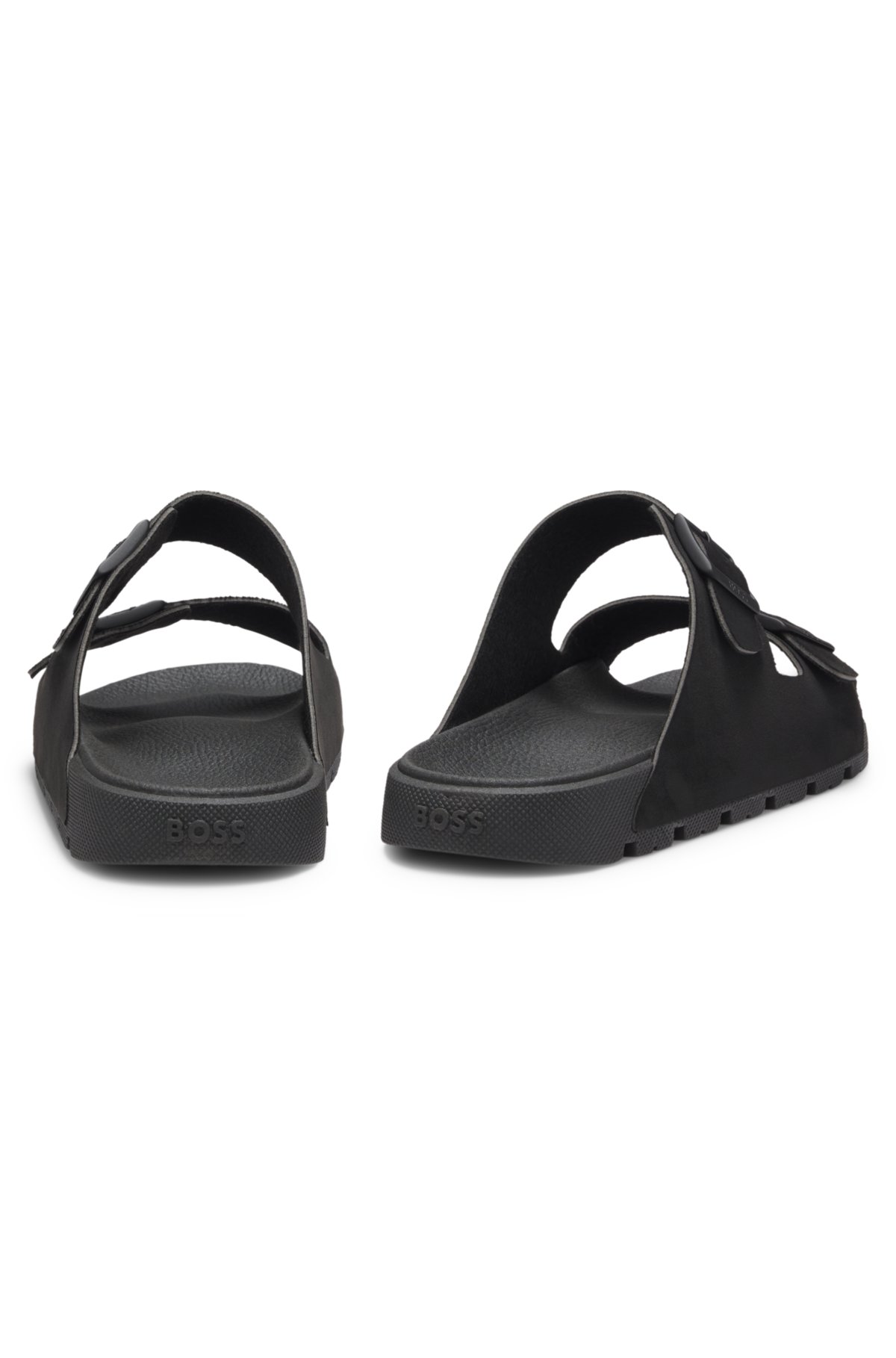 Twin-strap slides with branded buckles