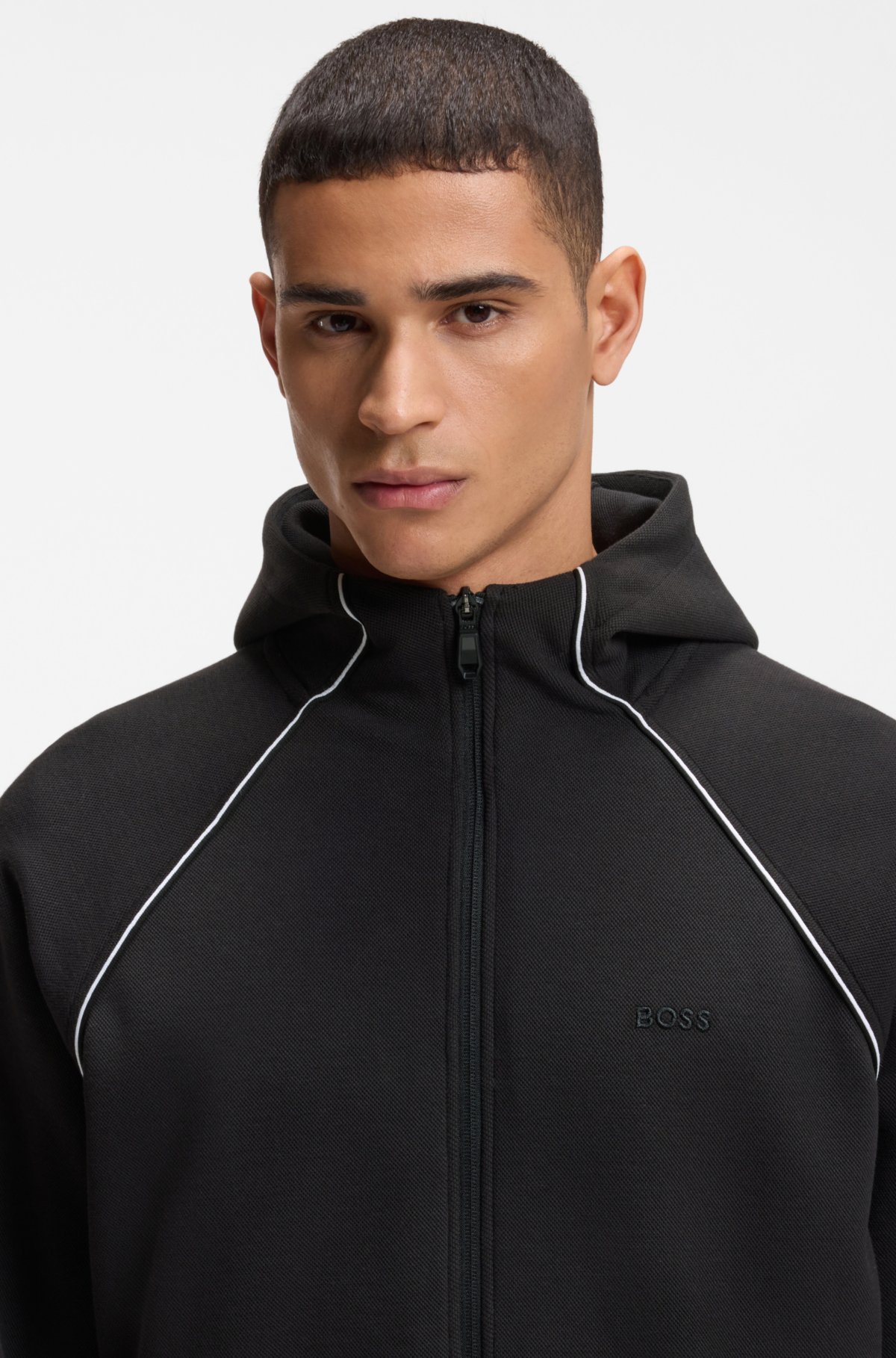 Piping-detail zip-up hoodie in a cotton blend