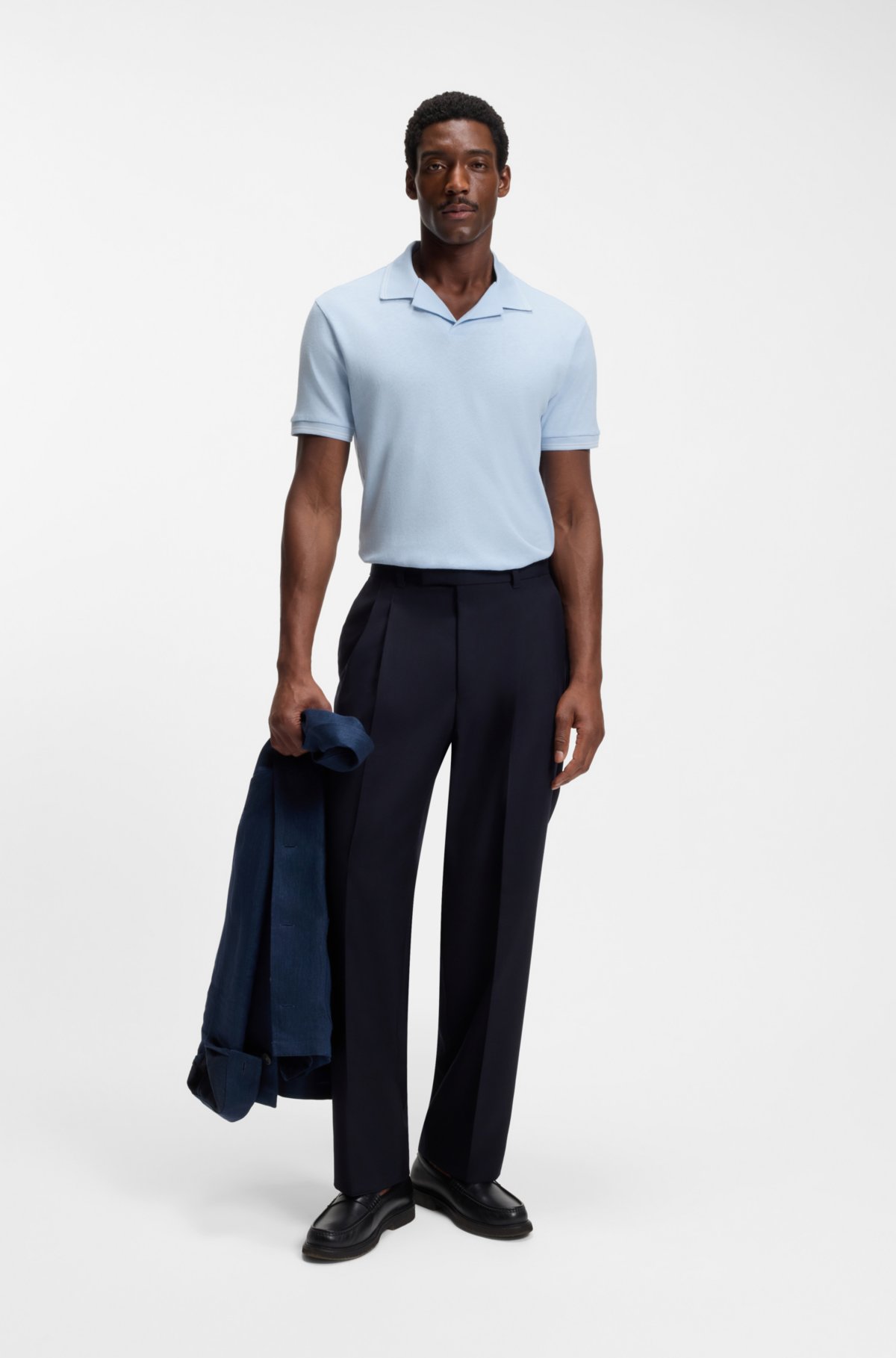 Johnny-collar polo shirt in cotton and linen