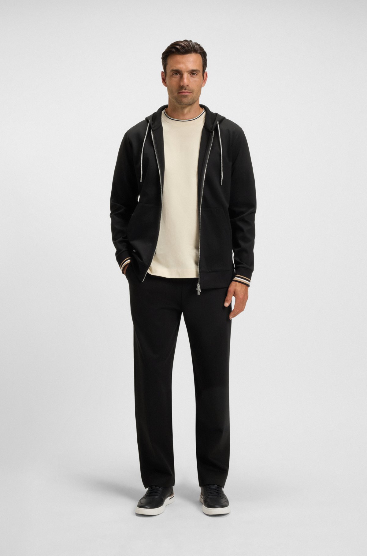 Patterned-drawcord zip-up hoodie in a cotton blend