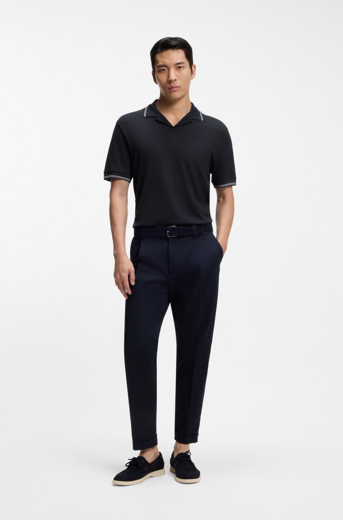 Johnny-collar polo shirt in cotton and linen