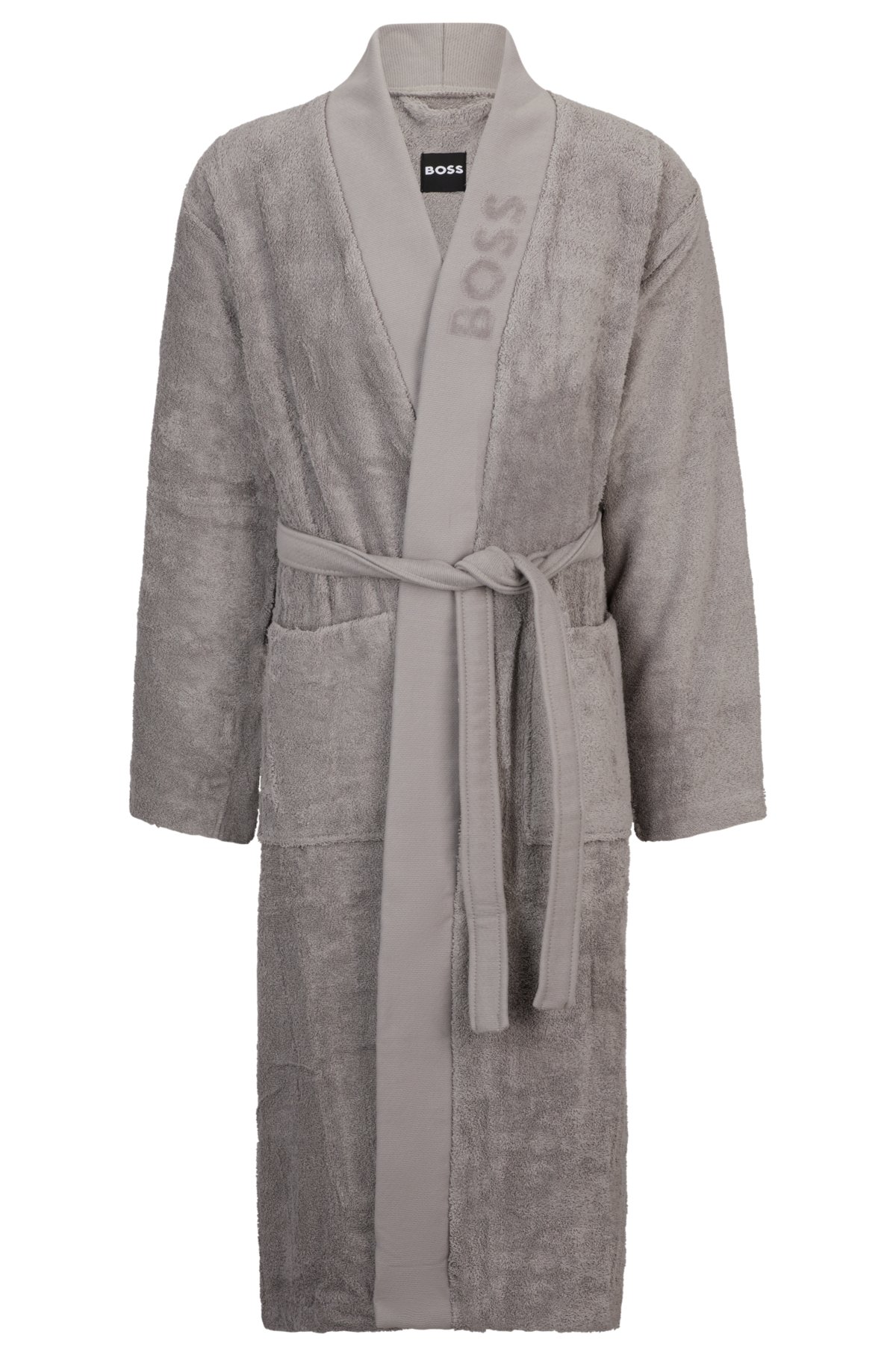 Logo-lapel grey dressing gown in long-fibre cotton