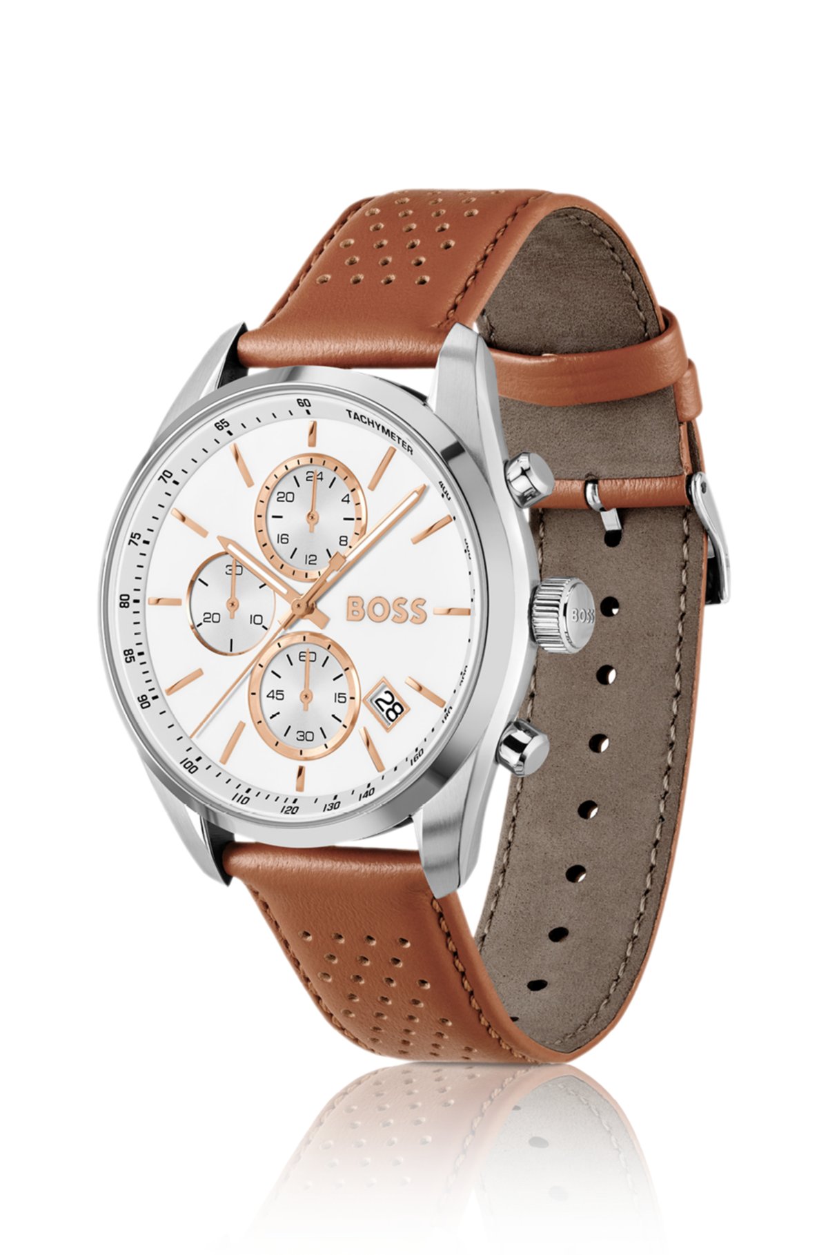 Grand Prix 44 chronograph watch with perforated leather strap