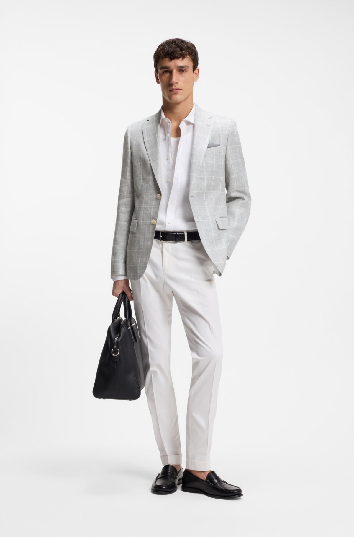 Checked slim-fit jacket in linen and virgin wool