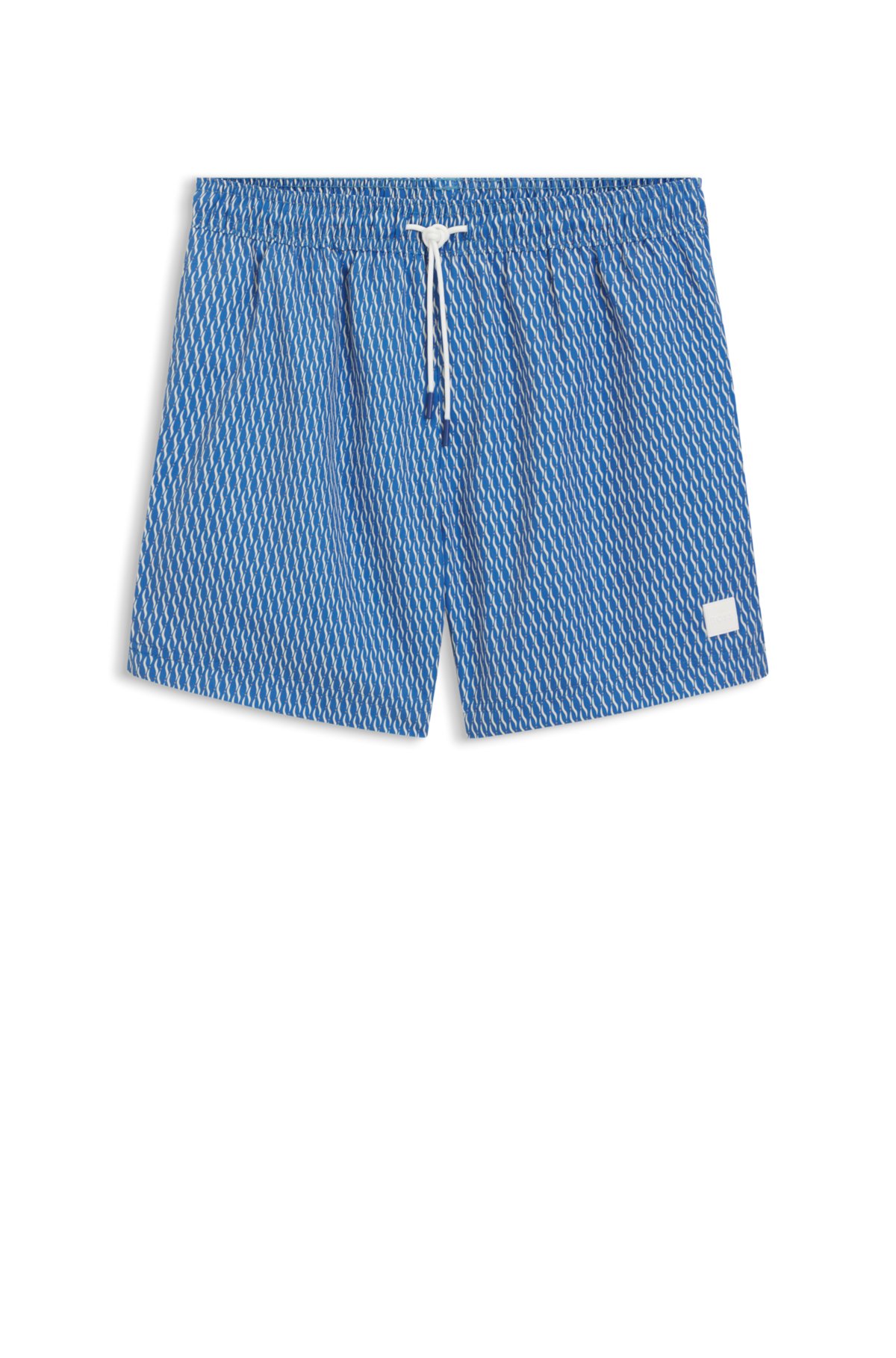 Micro-print swim trunks with logo patch