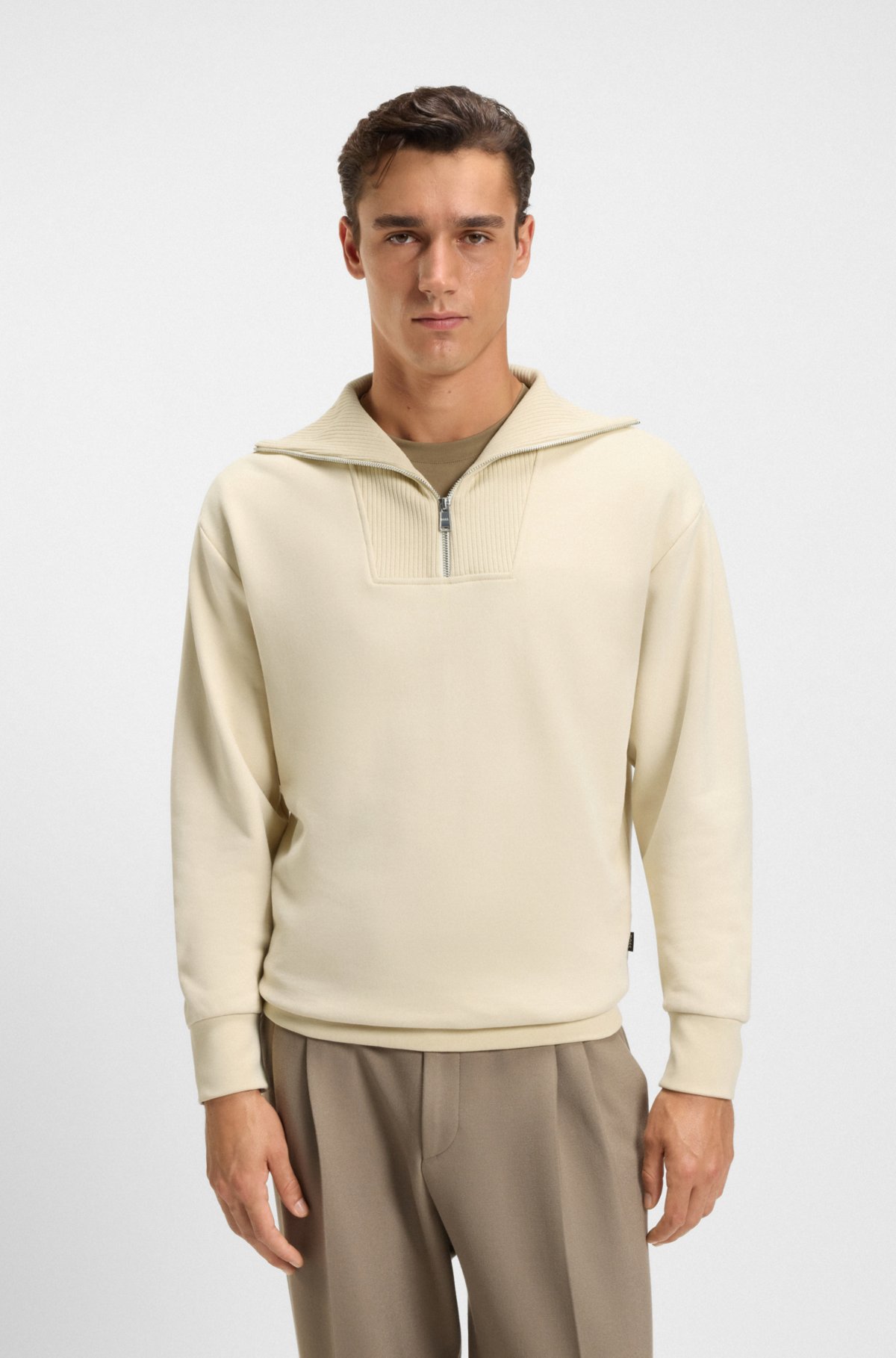 Peached-cotton sweatshirt with ribbed zip neck Peached-cotton sweatshirt with ribbed zip neck