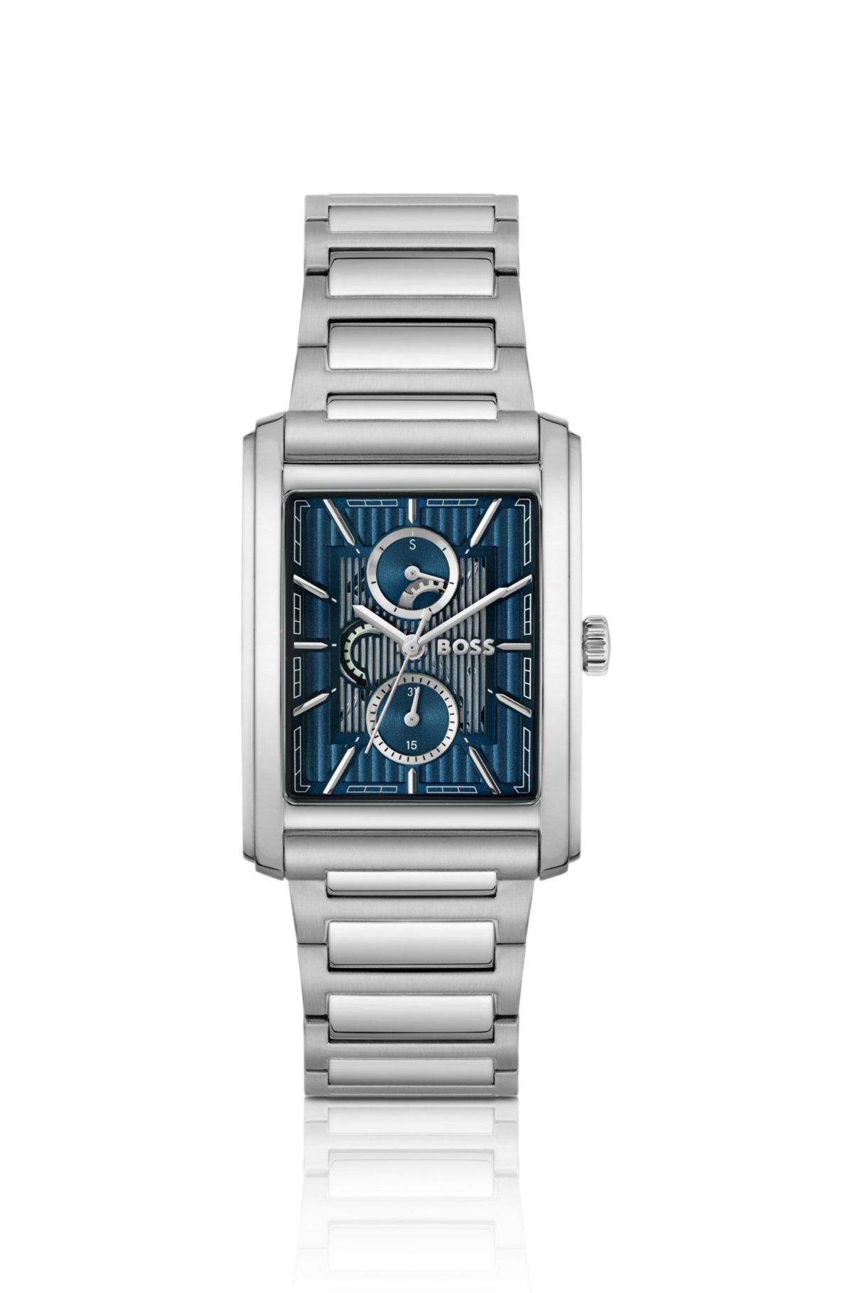 Link-bracelet watch with blue textured skeleton dial