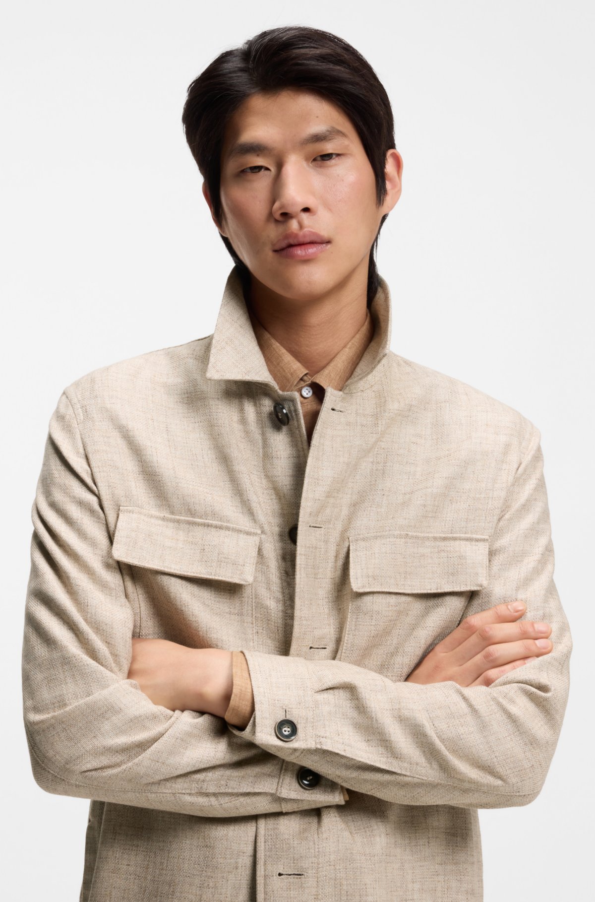 Regular-fit overshirt in virgin wool, silk and linen