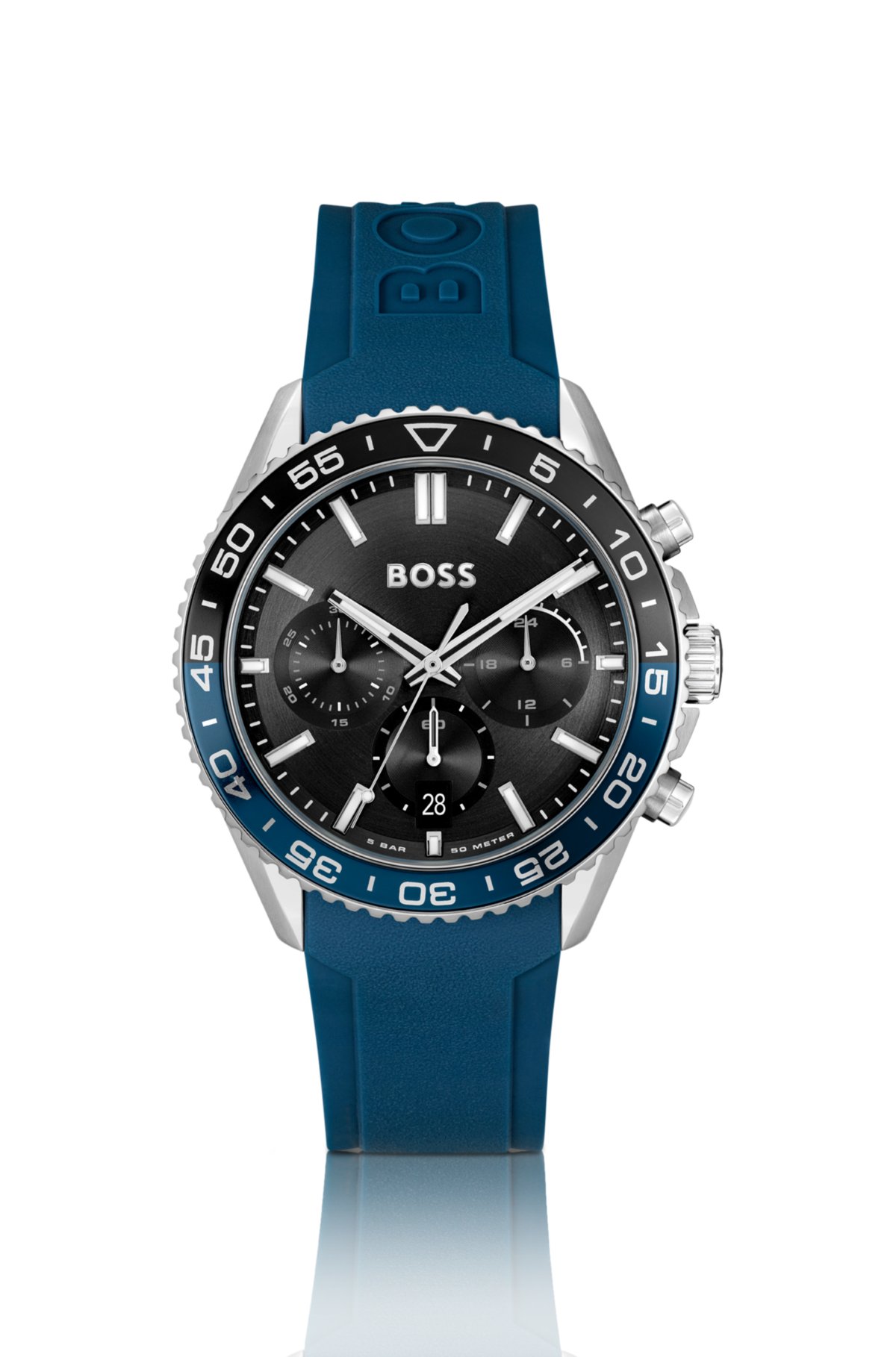 Black-dial chronograph watch with blue silicone strap