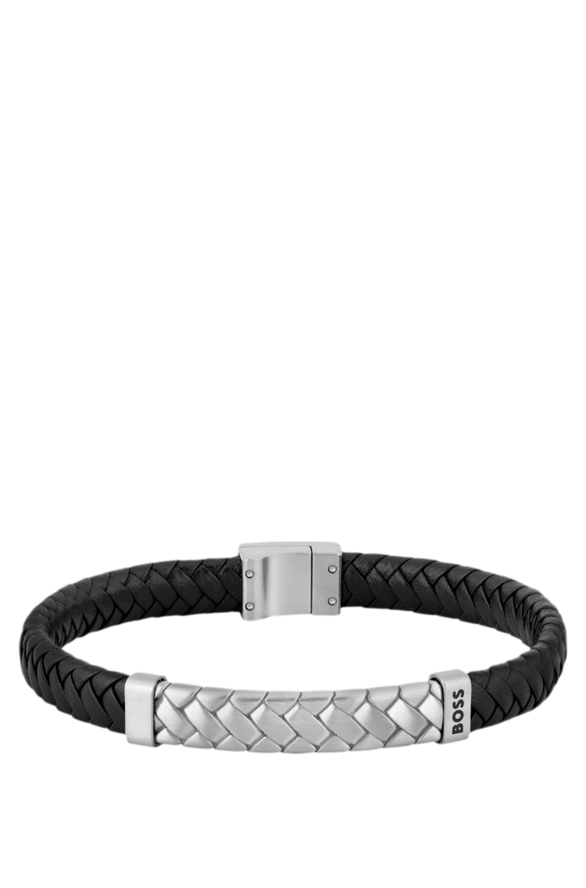 Black braided leather cuff with herringbone hardware