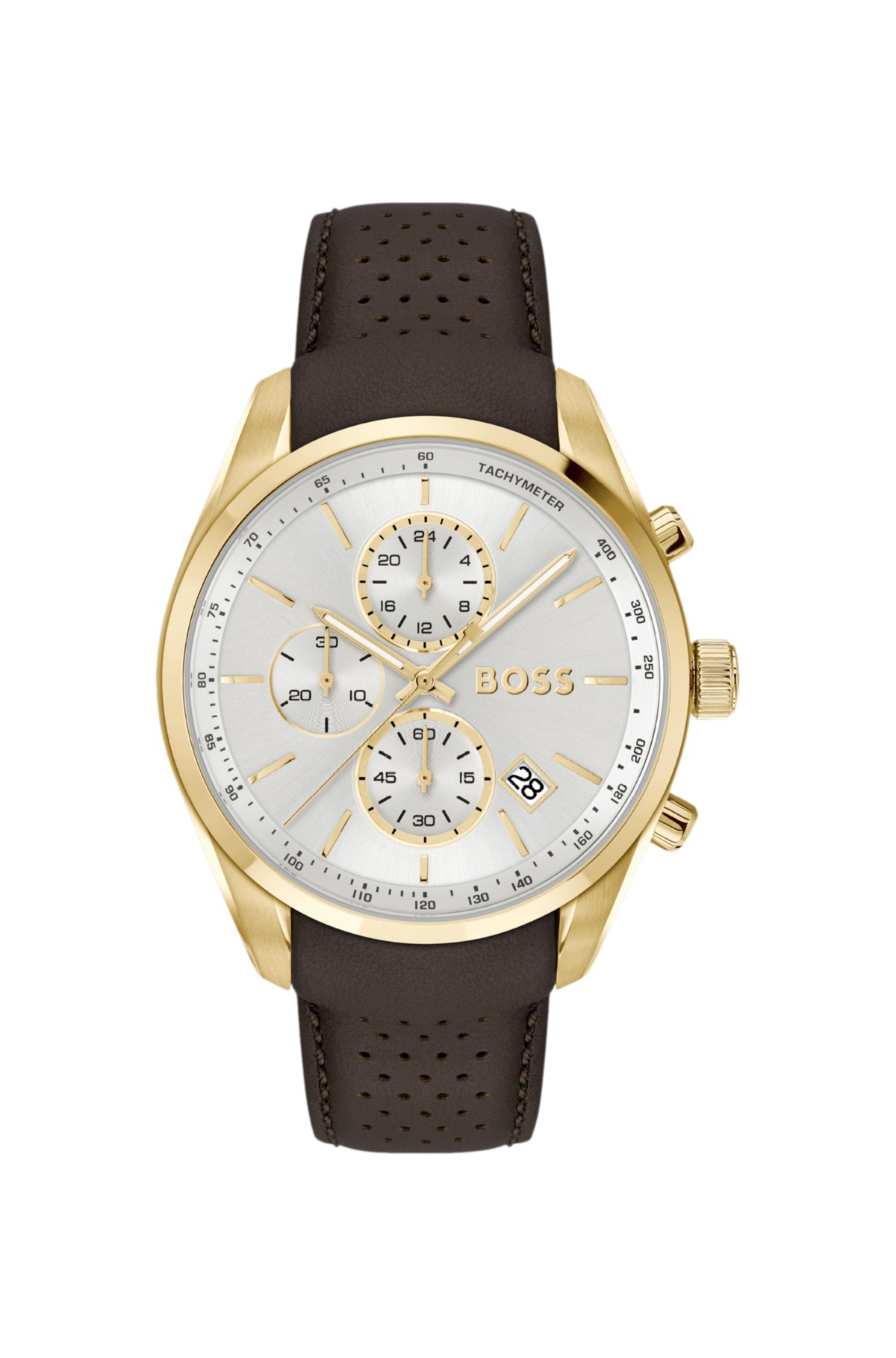 GRAND PRIX 44 Gold-tone chronograph watch with perforated leather strap