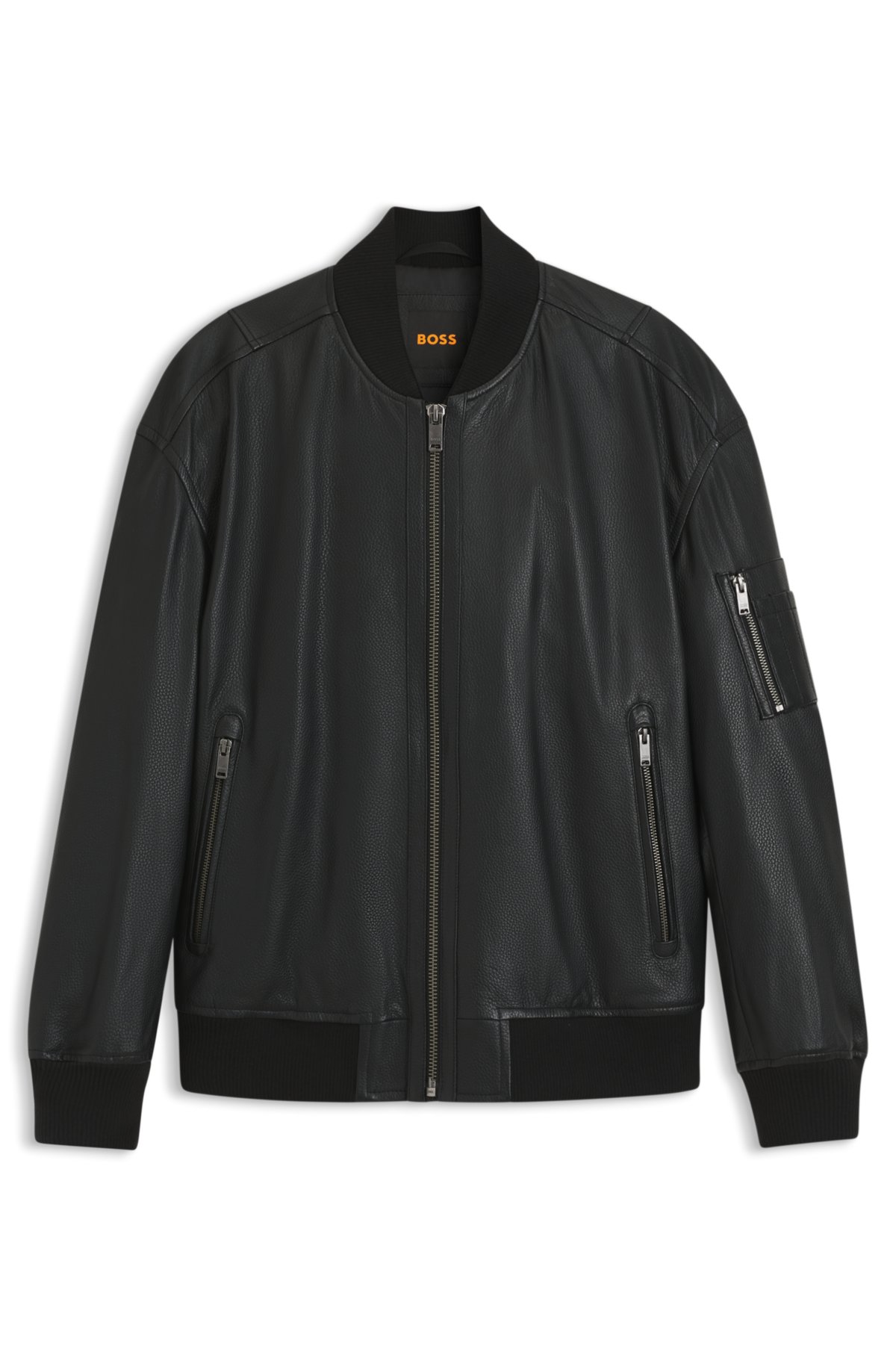 Sleeve-pocket bomber jacket in leather