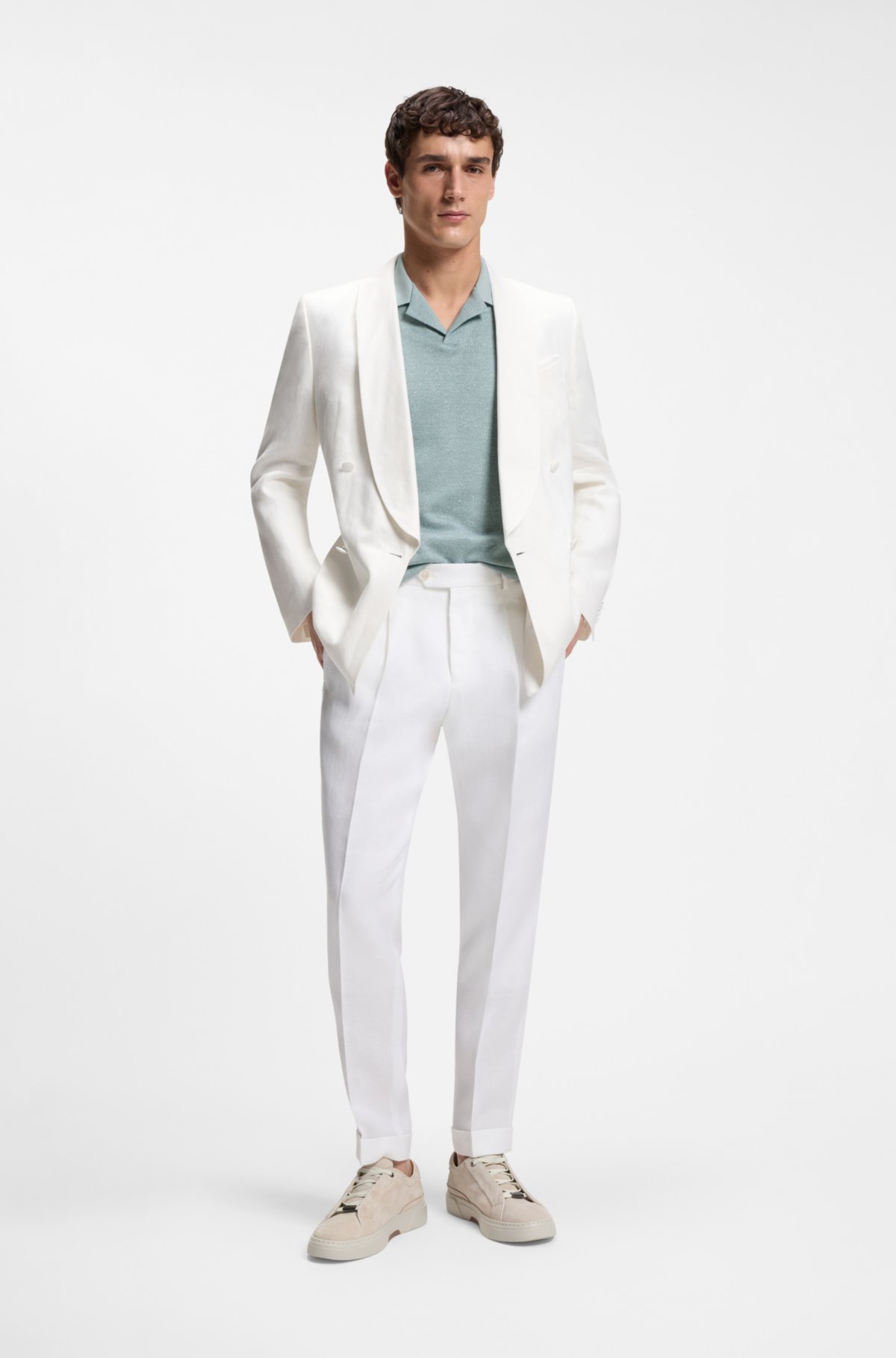 Johnny-collar polo shirt in cotton, linen and silk