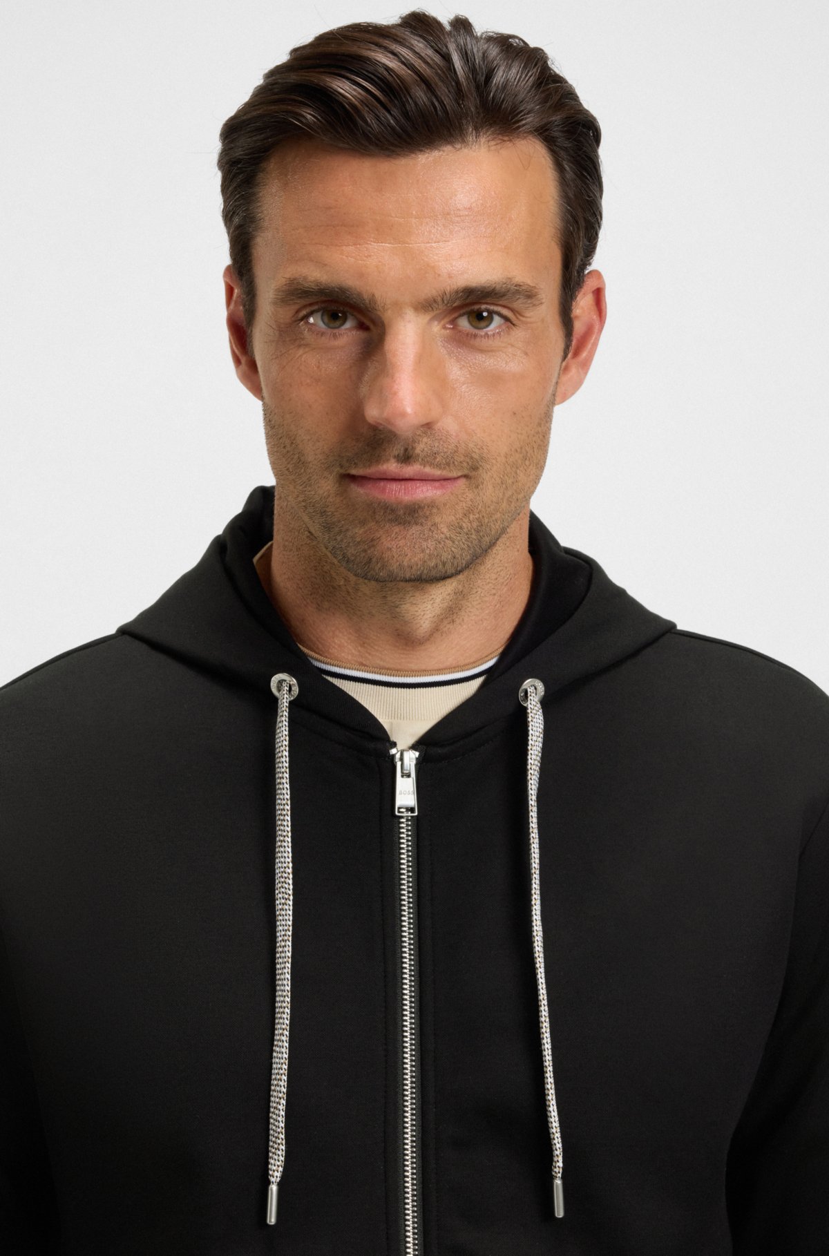 Patterned-drawcord zip-up hoodie in a cotton blend