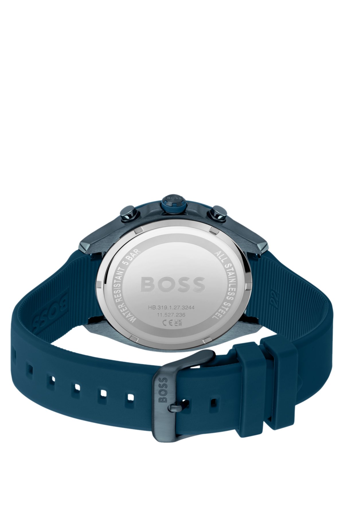 Blue-plated chronograph watch with blue silicone strap