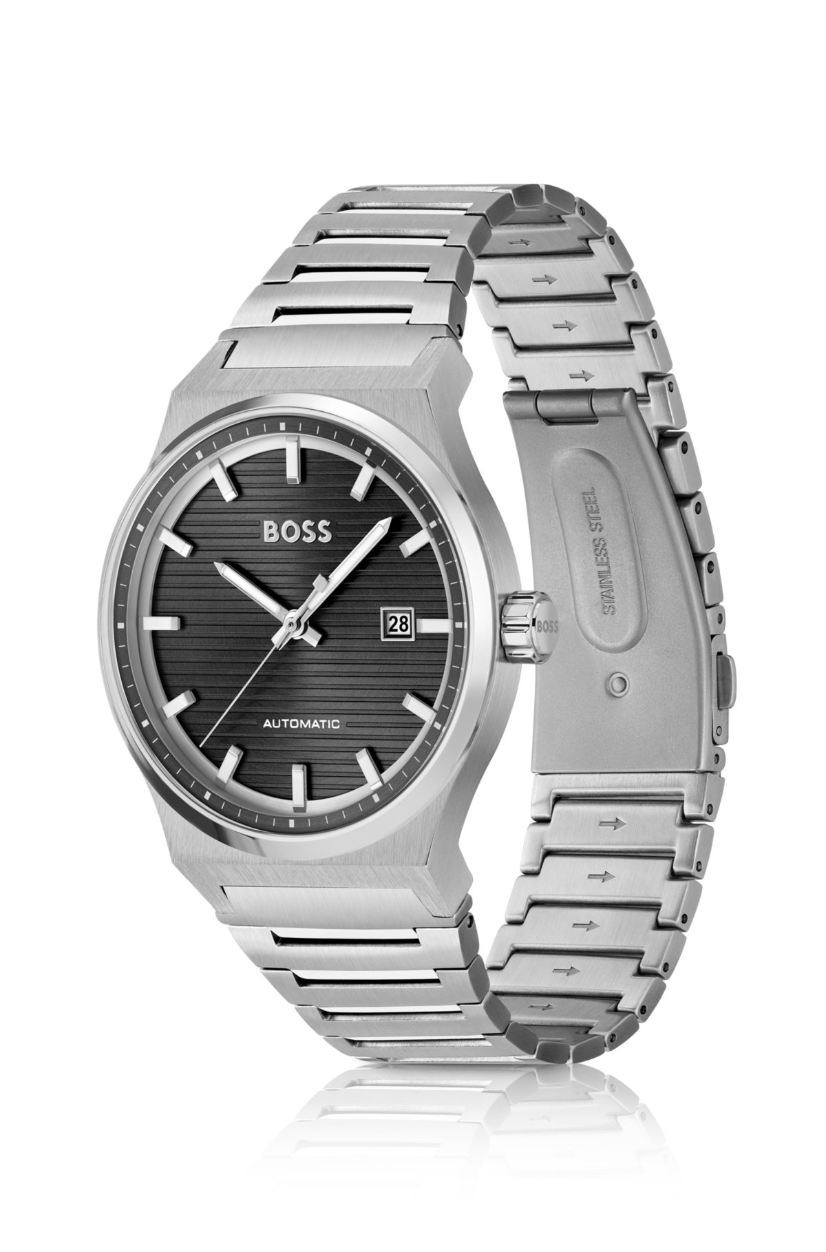 Link-bracelet automatic watch with groove-textured dial