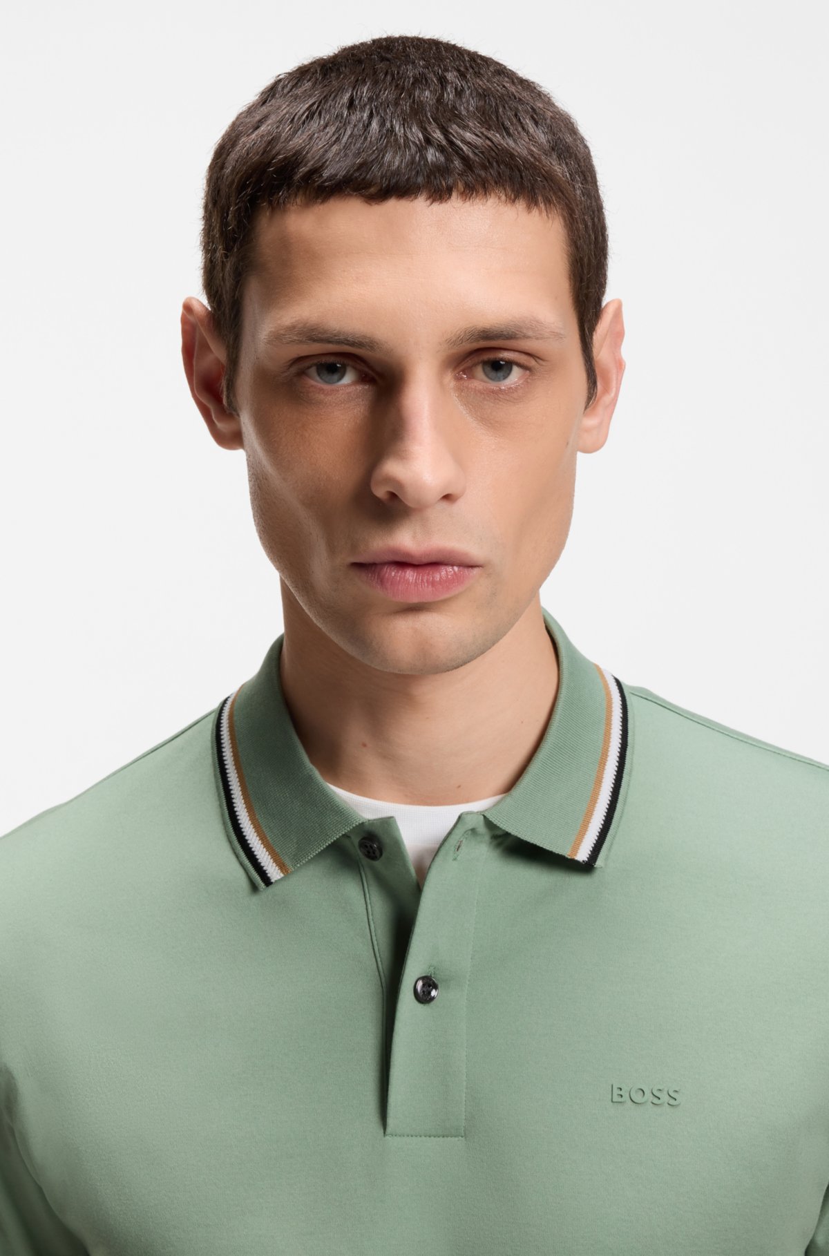 Striped-collar slim-fit polo shirt in cotton with logo