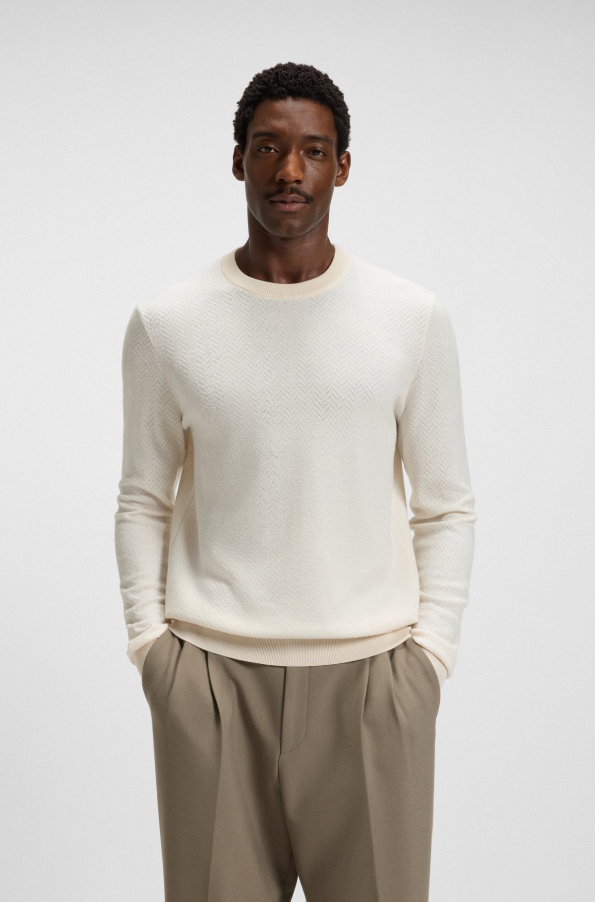 Herringbone-pattern sweater in wool and cotton