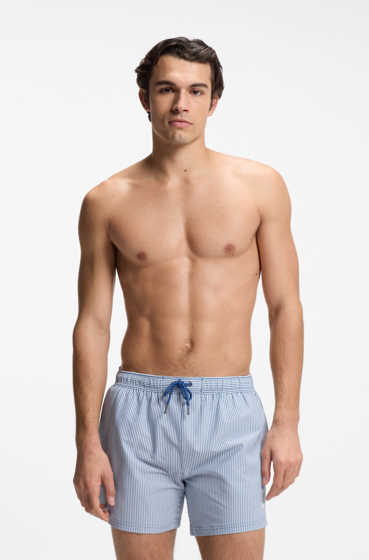 Embroidered-logo swim shorts in striped seersucker