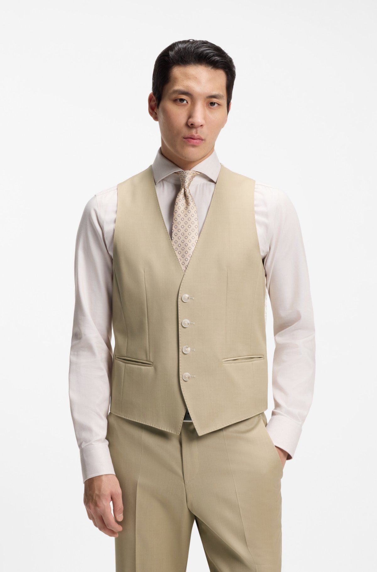 Three-piece slim-fit suit in virgin-wool serge