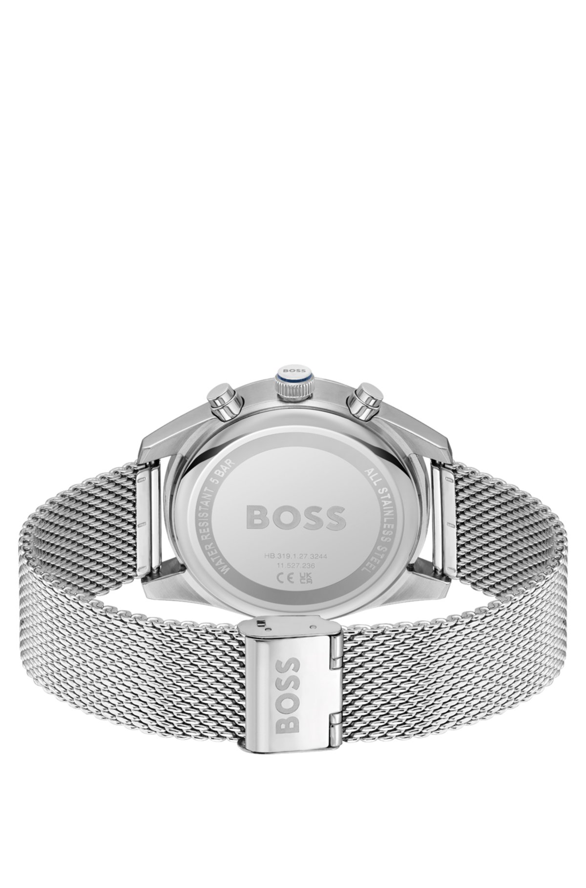 Blue-dial chronograph watch with mesh bracelet