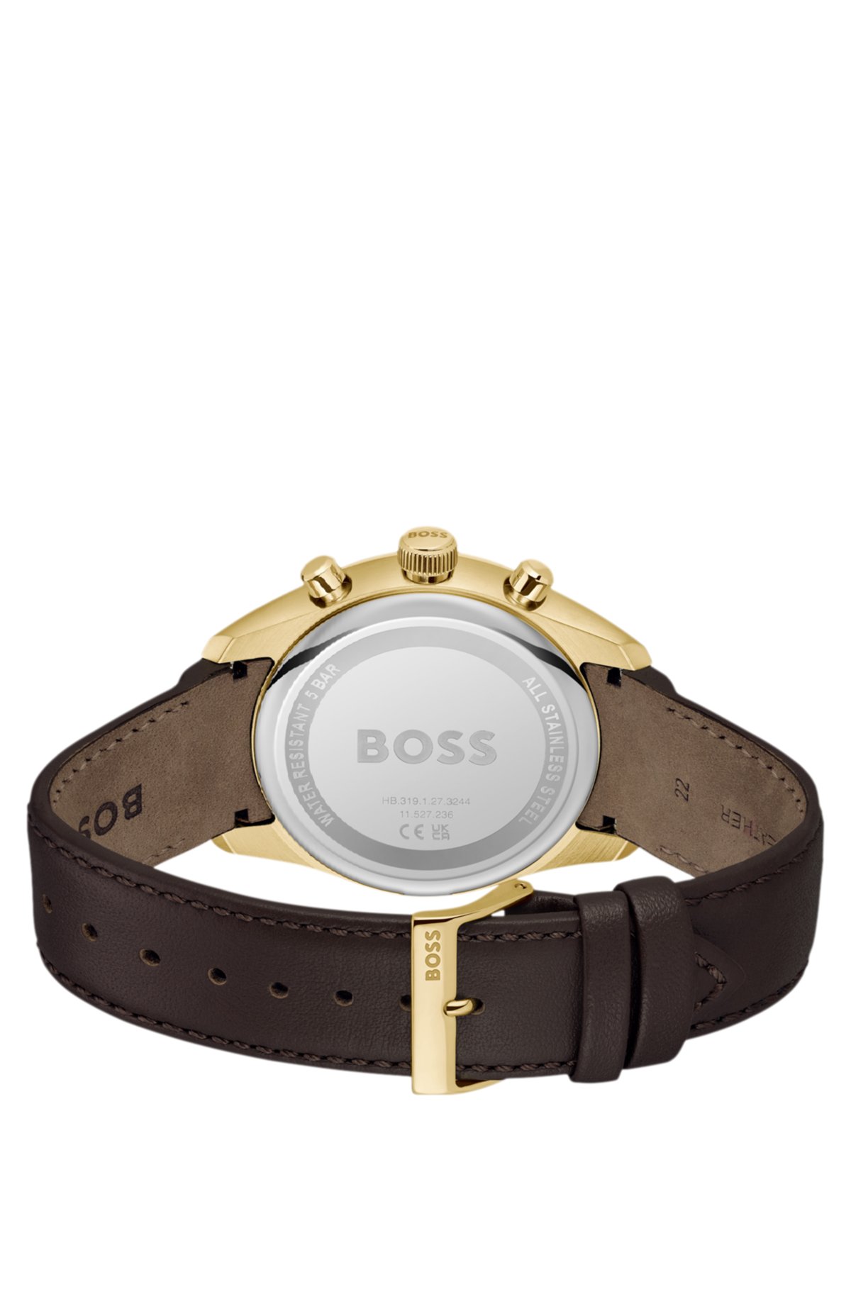 GRAND PRIX 44 Gold-tone chronograph watch with perforated leather strap