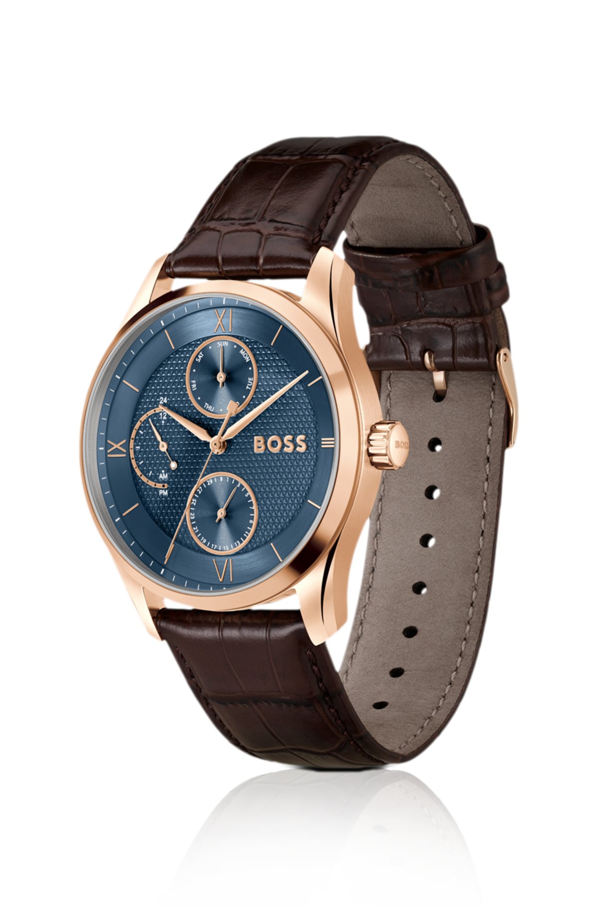 Principle leather-strap watch with textured blue dial