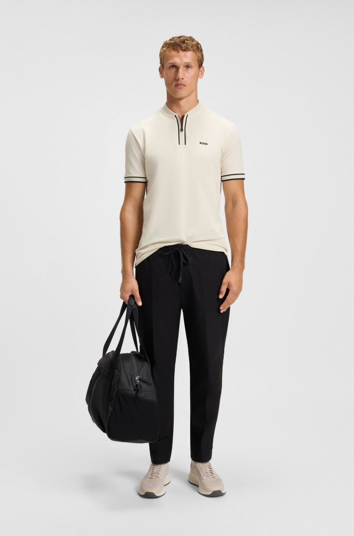 Zip-neck polo shirt in stretch-cotton piqué