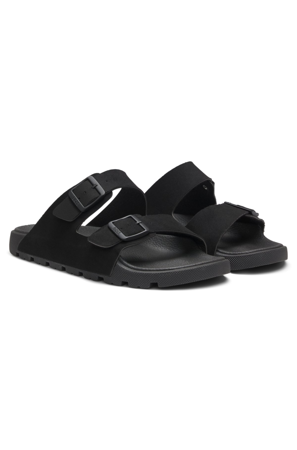 Twin-strap slides with branded buckles