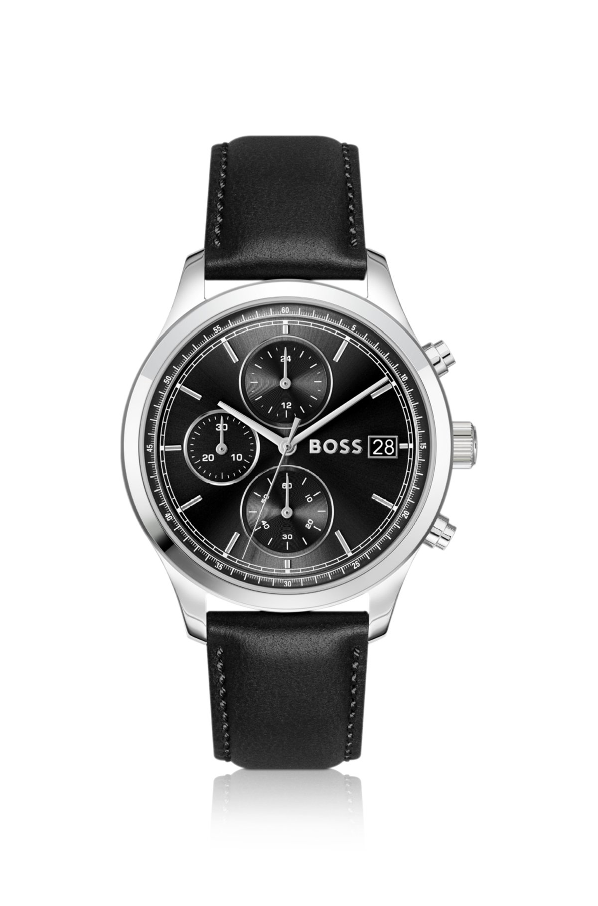 Stratus chronograph watch with black leather strap