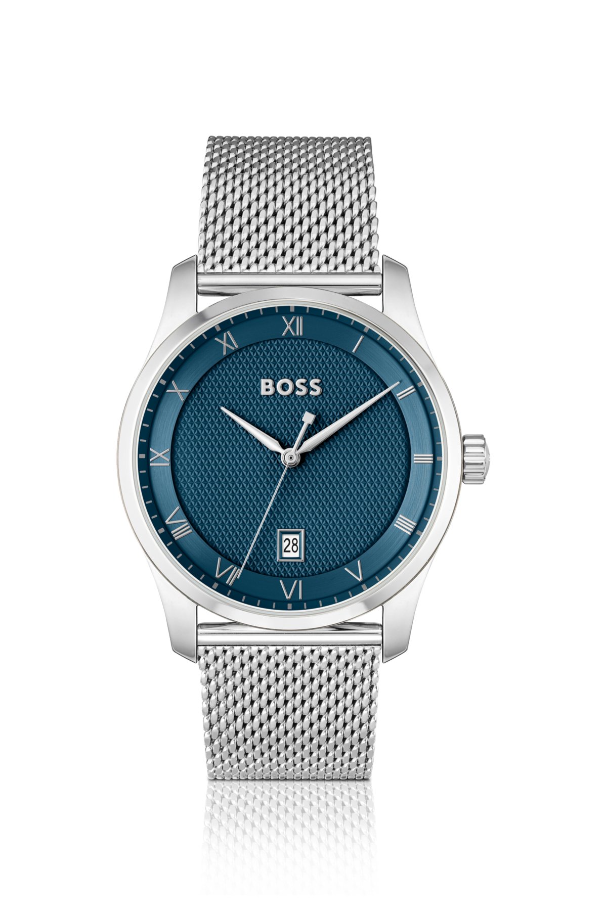 PRINCIPLE Mesh-bracelet watch with blue patterned dial